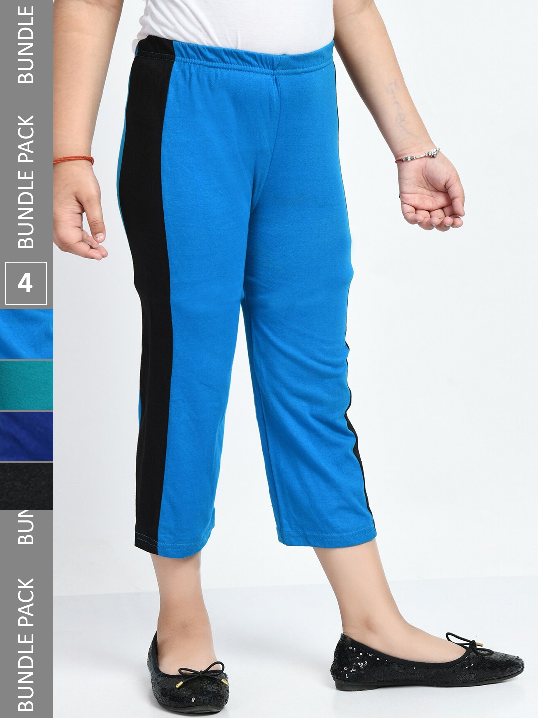 

IndiWeaves Girls Pack Of 4 Mid Rise Pure Cotton Capris, Blue