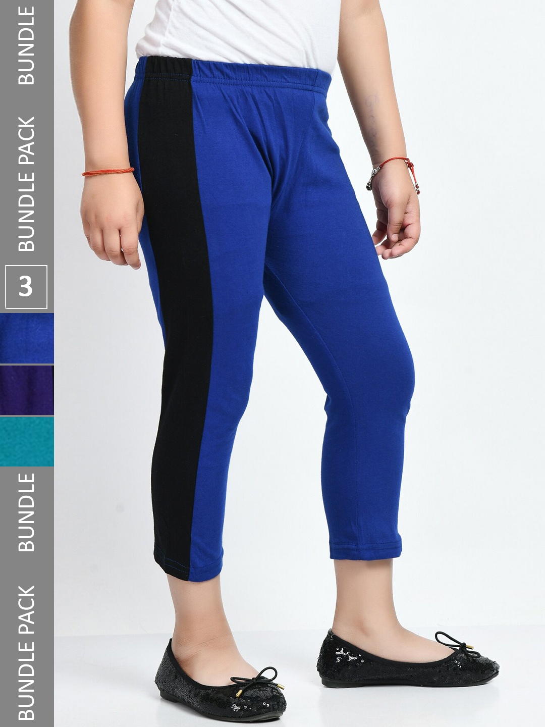 

IndiWeaves Girls Pack Of 3 Colourblocked Pure Cotton Capris, Blue