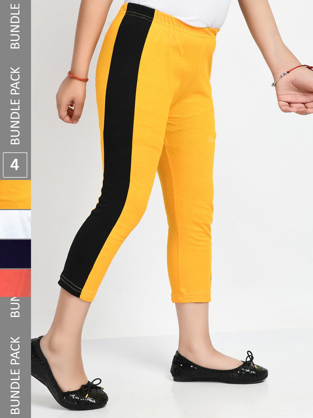 

IndiWeaves Girls Pack Of 4 Colourblocked Pure Cotton Capris, Yellow