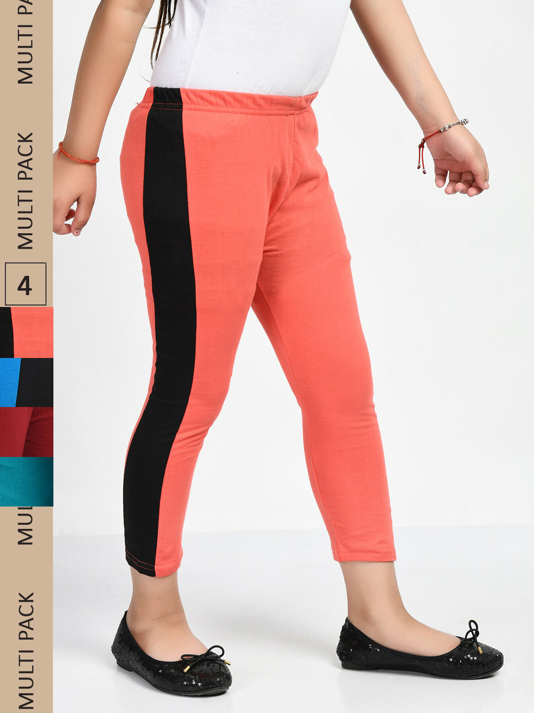 

IndiWeaves Girls Pack Of 4 Mid-Rise Side Striped Pure Cotton Capris, Blue