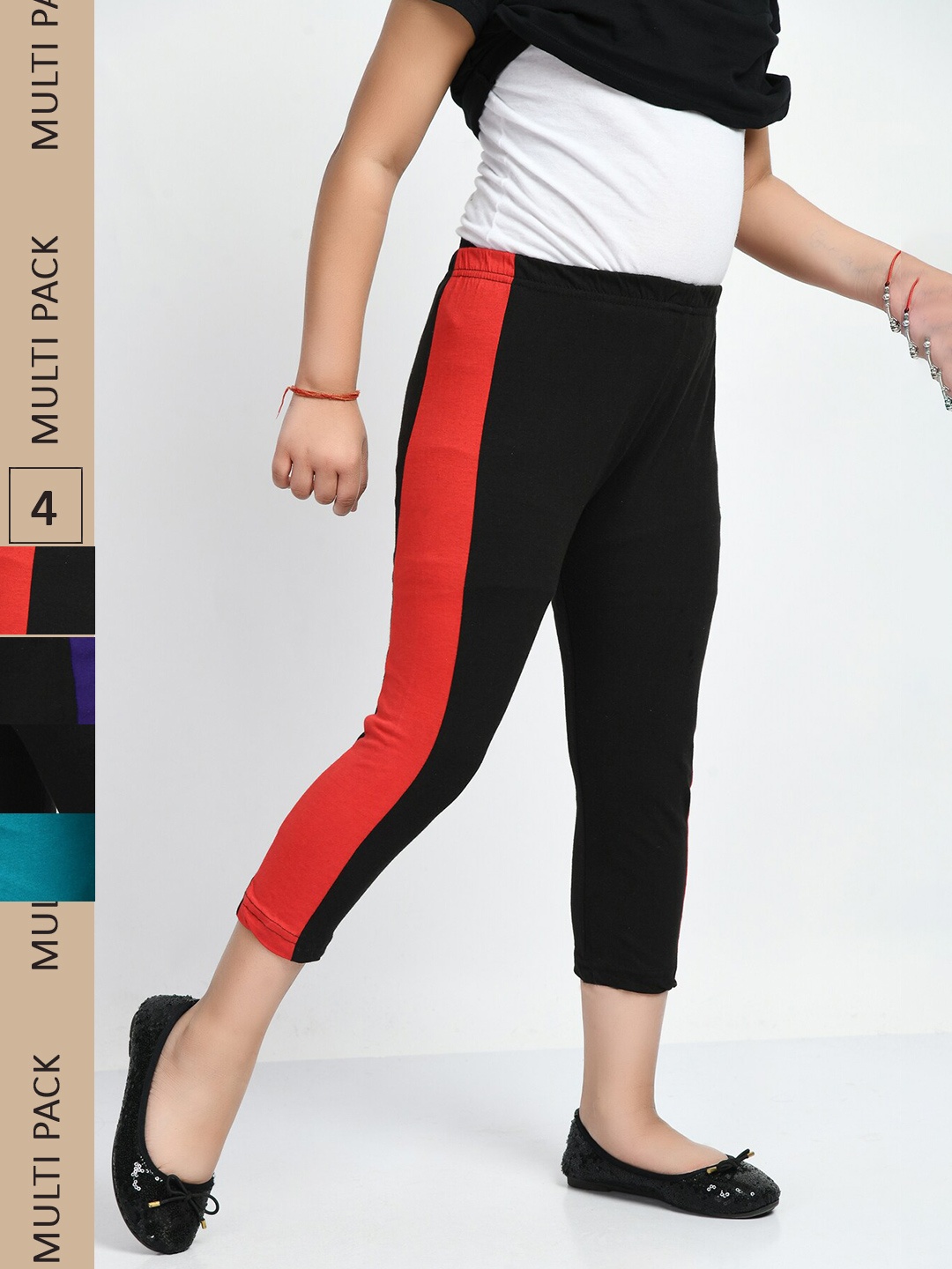 

IndiWeaves Girls Pack Of 3 Colorblocked Mid-Rise Pure Cotton Capris, Black