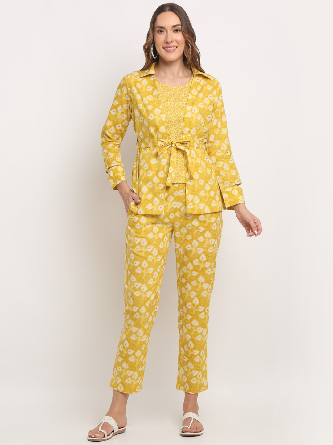 

KALINI Printed Cotton Top With Trouser & Coat, Yellow