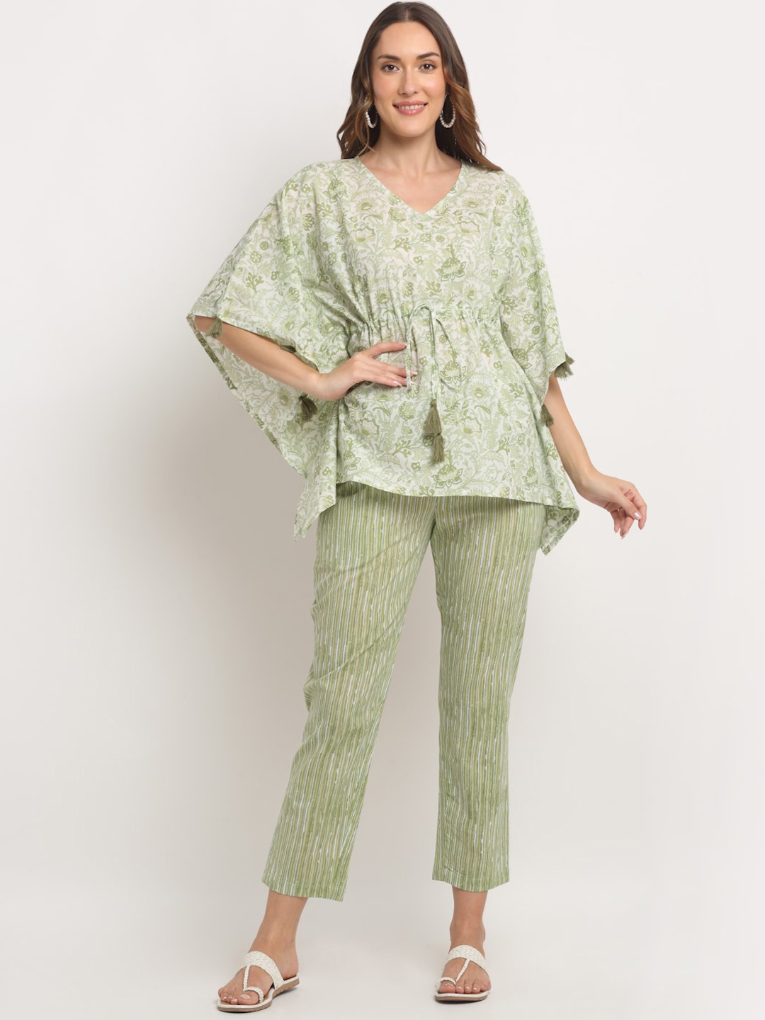 

KALINI Floral Printed Kaftan Top With Trousers, Green