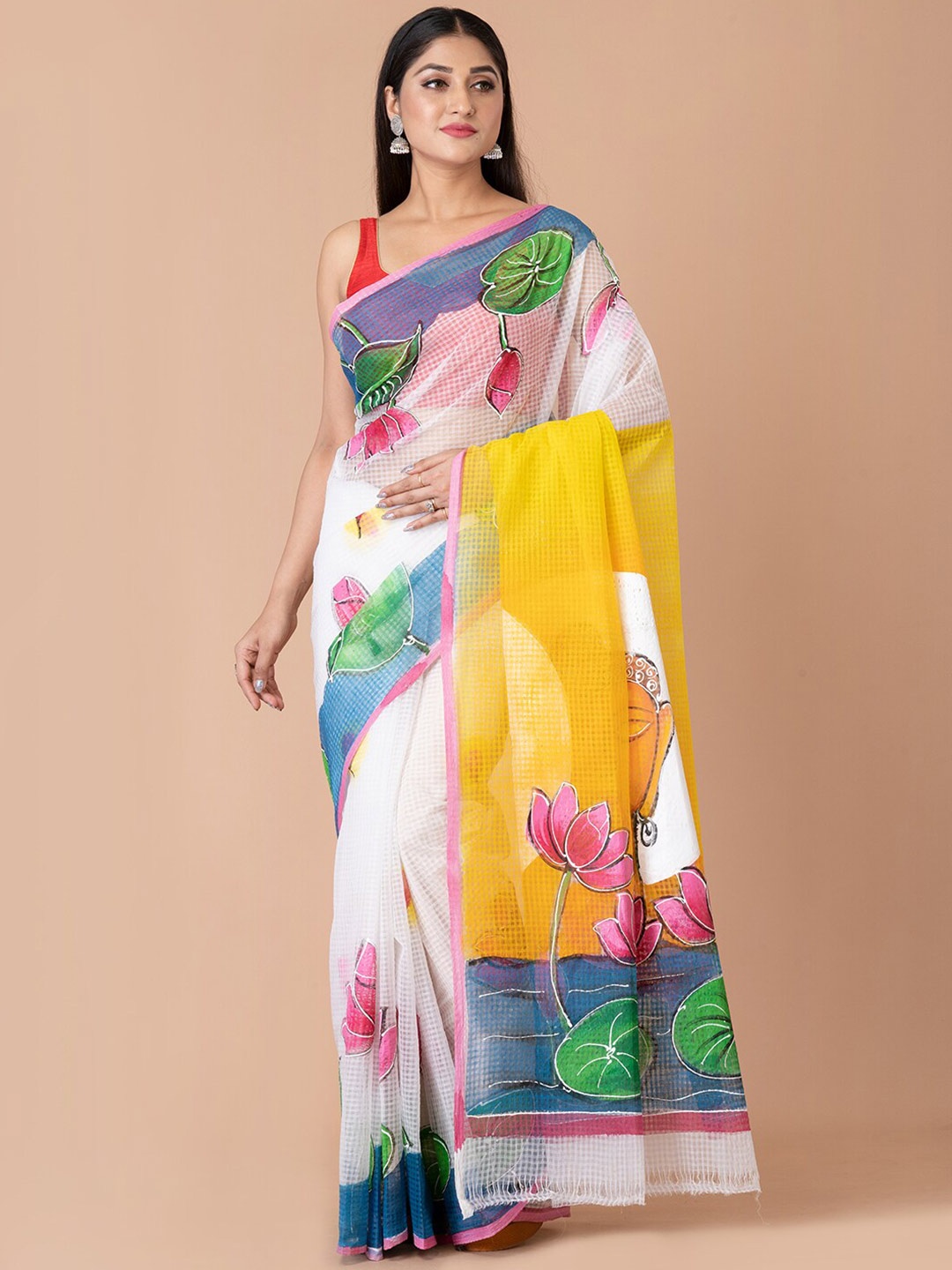 

Laa Calcutta Floral Pure Cotton Kota Saree, White