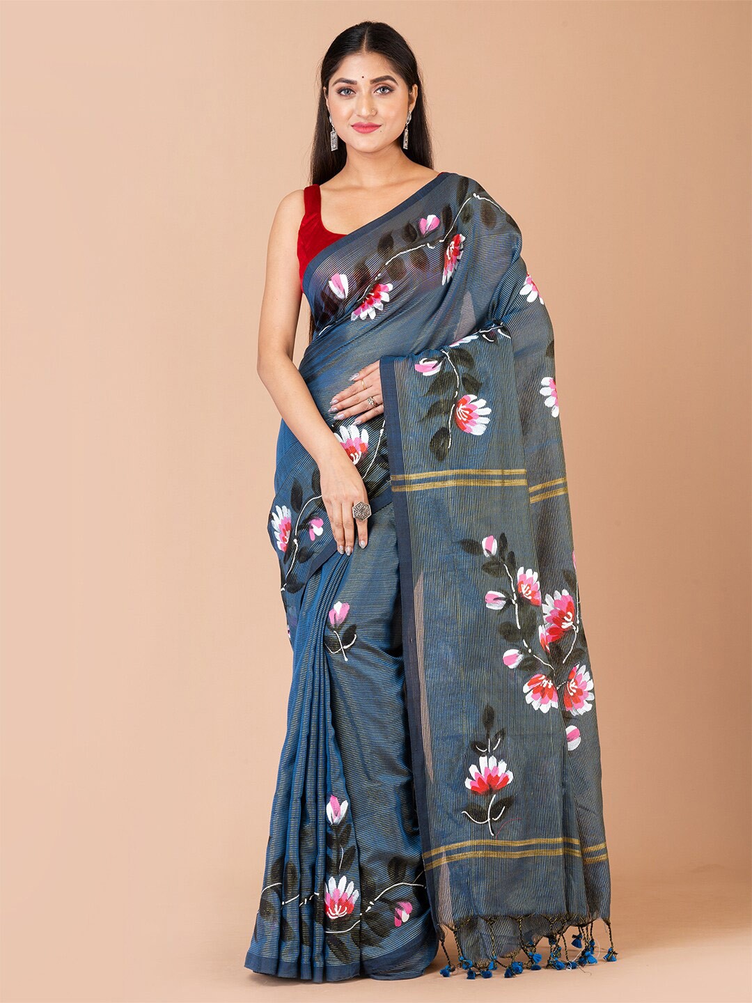 

Laa Calcutta Floral Silk Cotton Saree, Blue