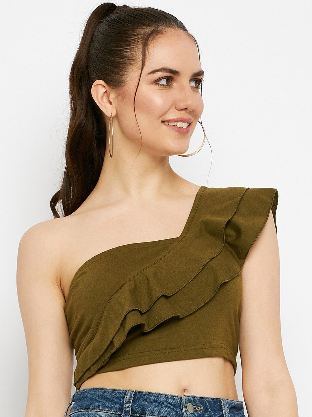 

BRINNS Pure Cotton One Shoulder Fitted Crop Top, Olive