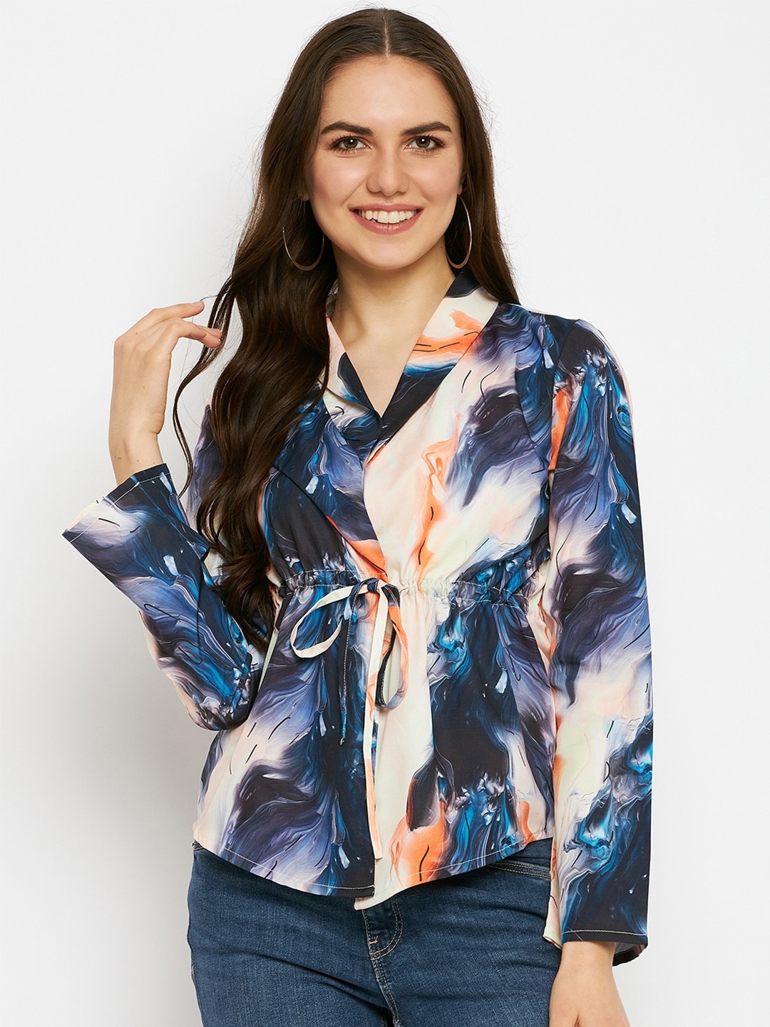 

BRINNS Abstract Printed Shawl Collar Waist Tie-Ups Top, Blue