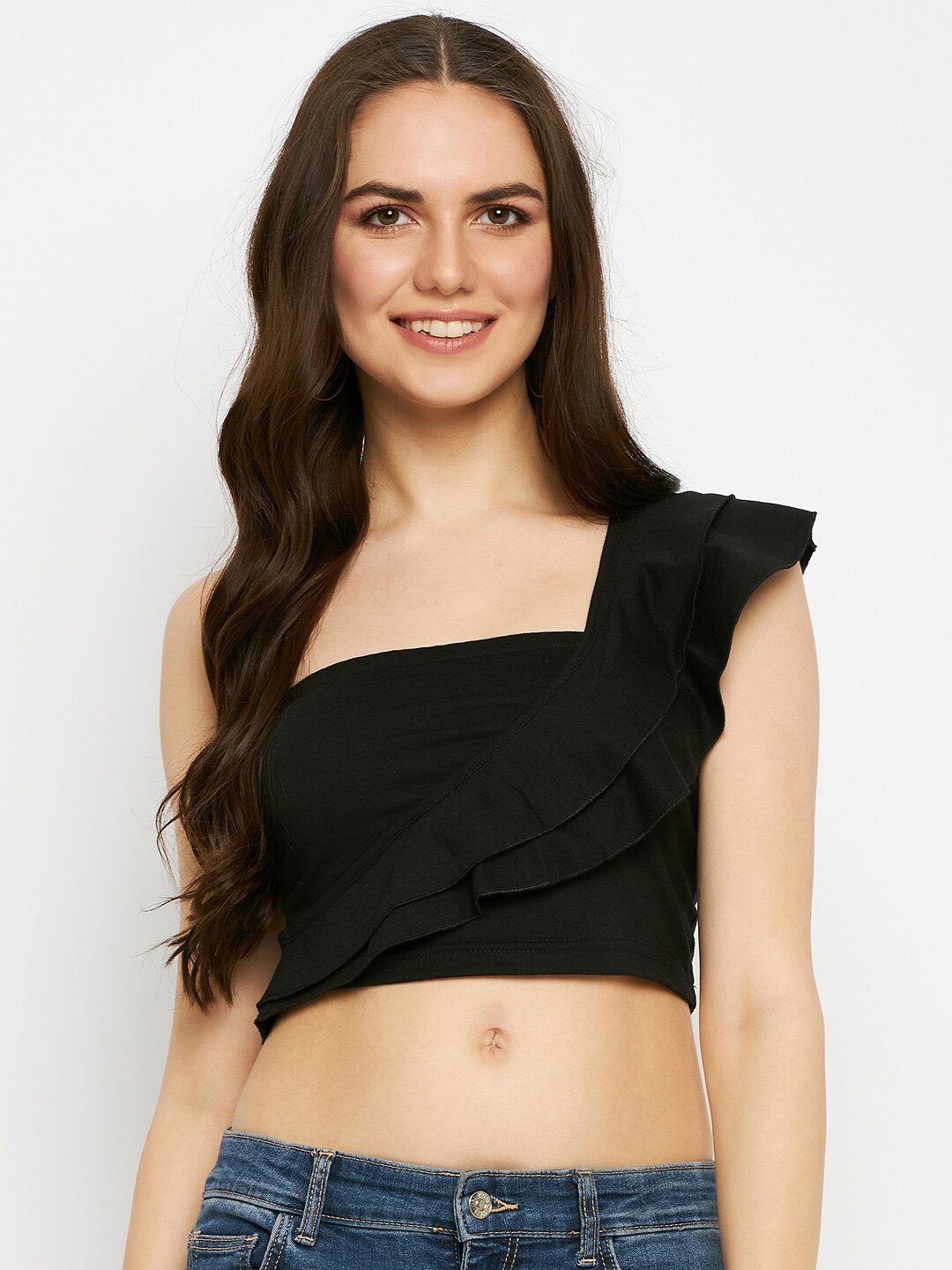 

BRINNS One Shoulder Pure Cotton Fitted Crop Top, Black