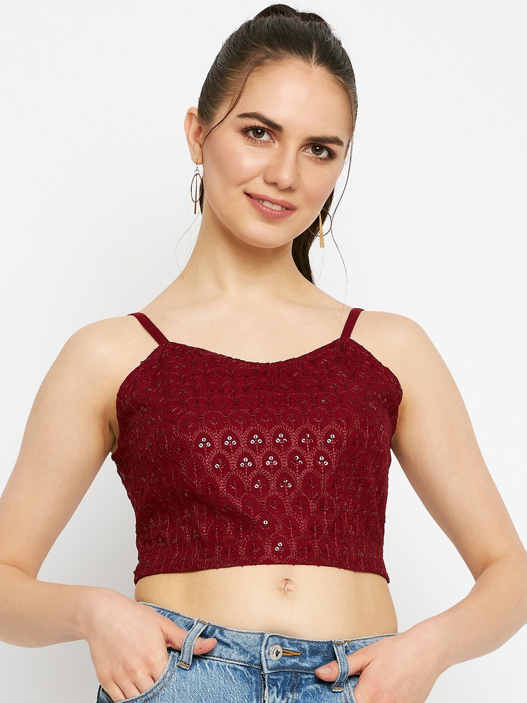 

BRINNS Sequined Embellished Shoulder Straps Fitted Crop Top, Maroon