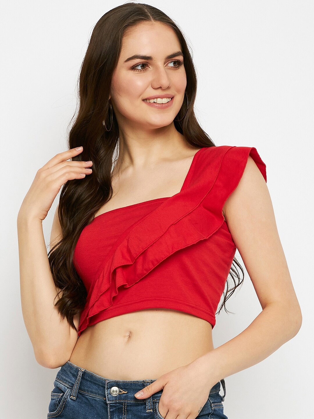 

BRINNS One Shoulder Ruffled Pure Cotton Crop Fitted Top, Red