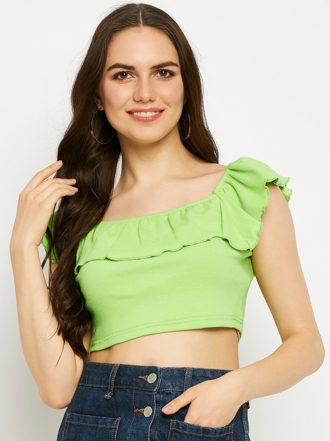 

BRINNS Square Neck Flutter Sleeves Crop Top, Green