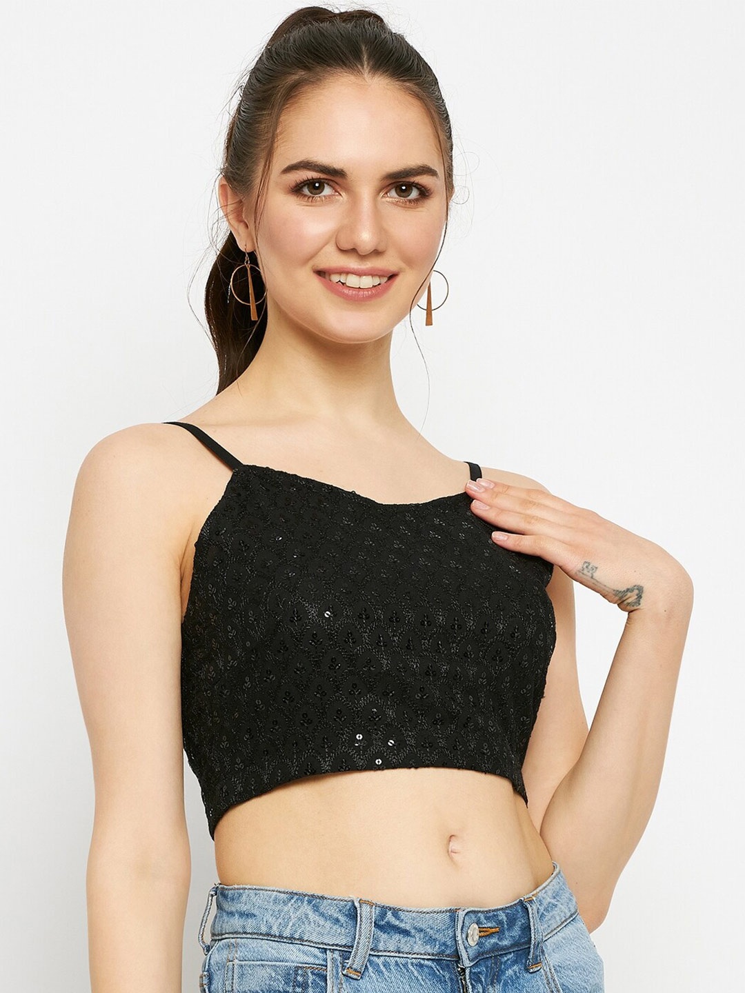 

BRINNS Sequined Embellished Shoulder Straps Fitted Crop Top, Black