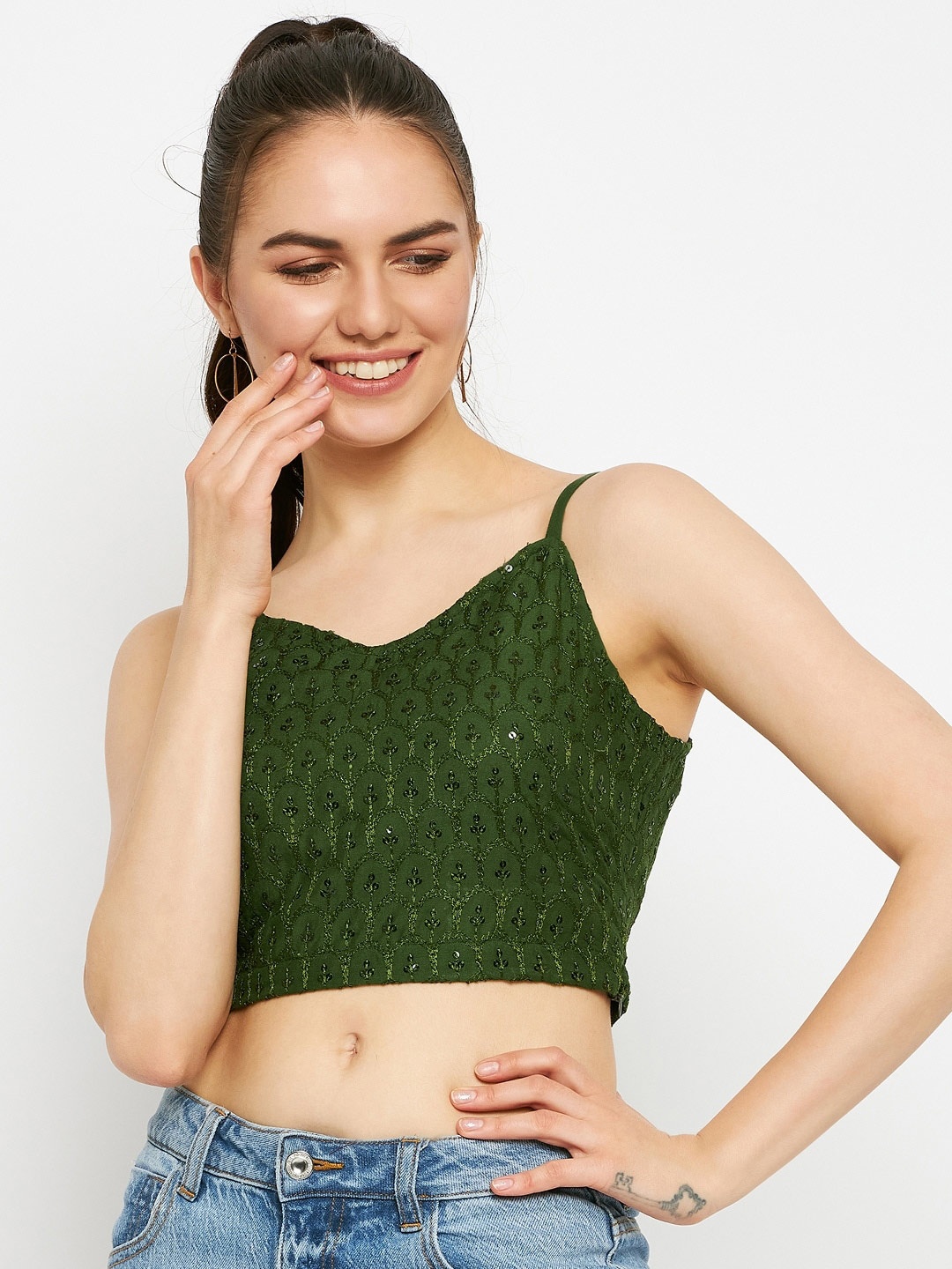 

BRINNS Sequined Embellished Shoulder Straps Fitted Crop Top, Olive