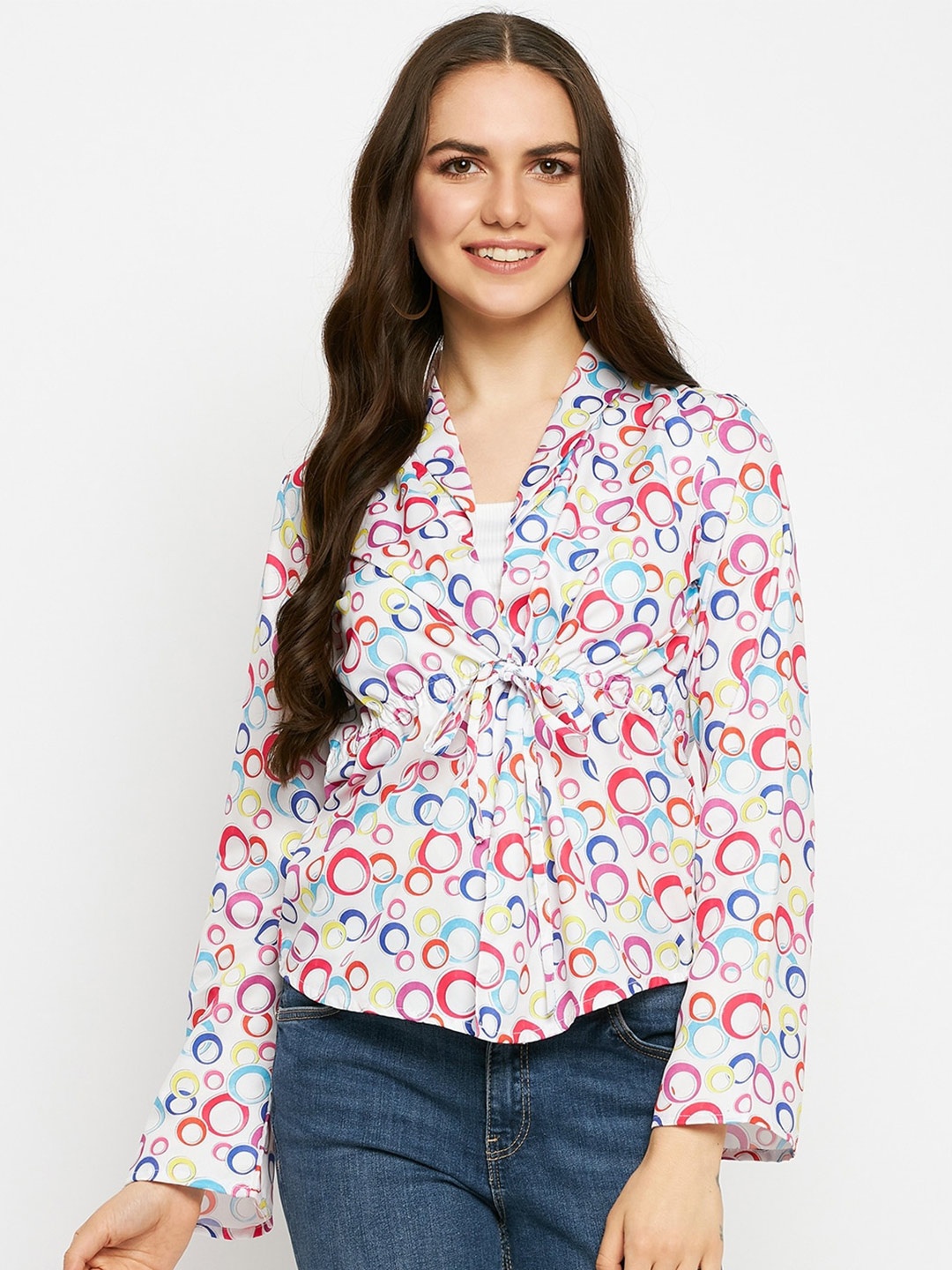 

BRINNS Geometric Printed Waist Tie Ups Long Sleeves Top, White