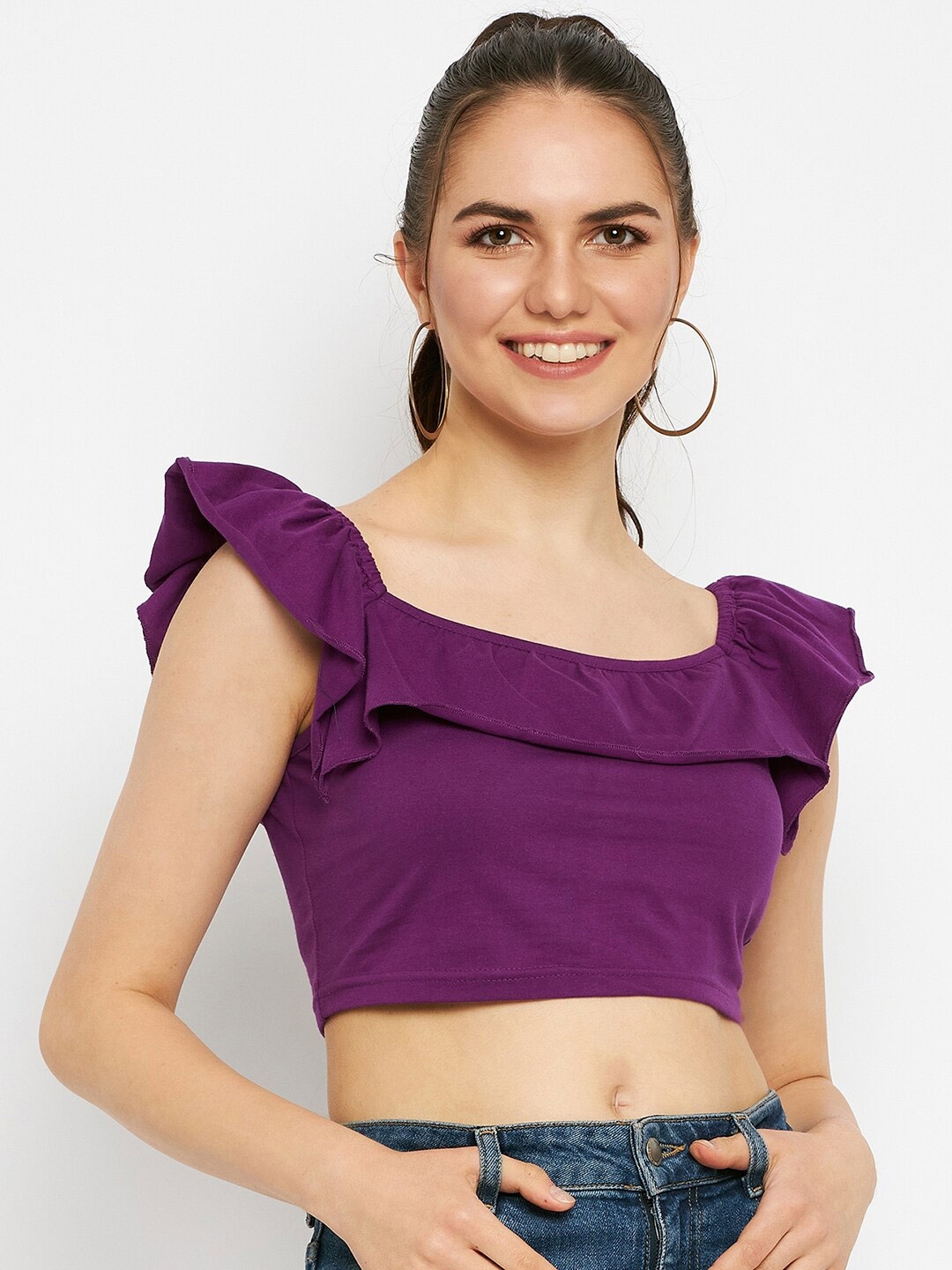 

BRINNS Square Neck Flutter Sleeves Pure Cotton Crop Top, Purple