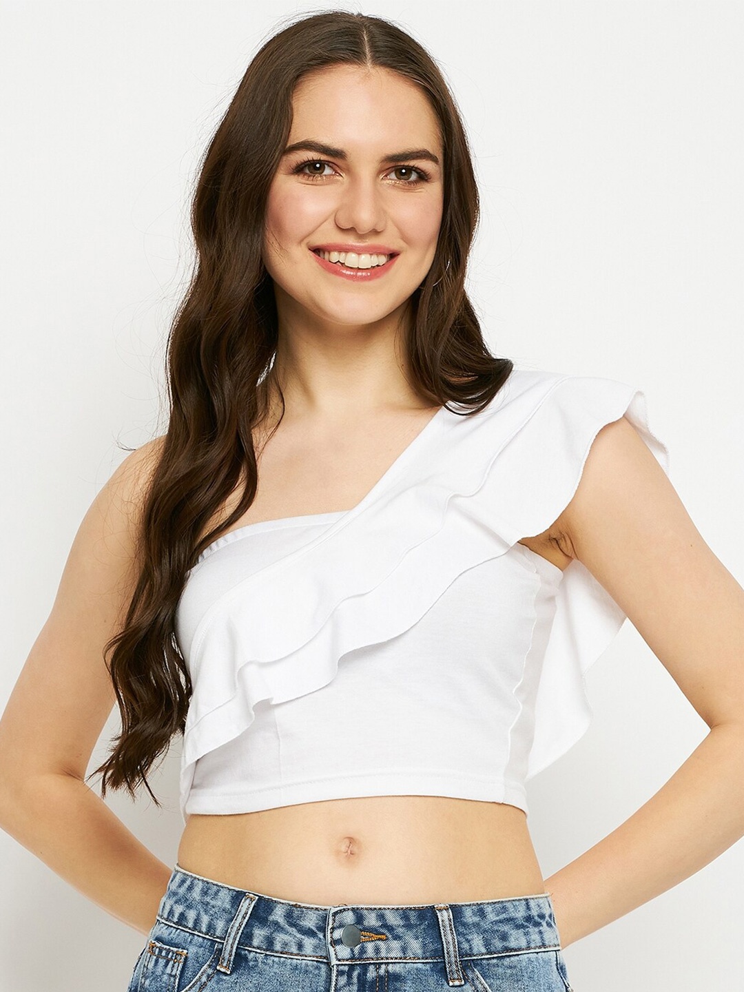 

BRINNS One Shoulder Ruffled Pure Cotton Crop Fitted Top, White