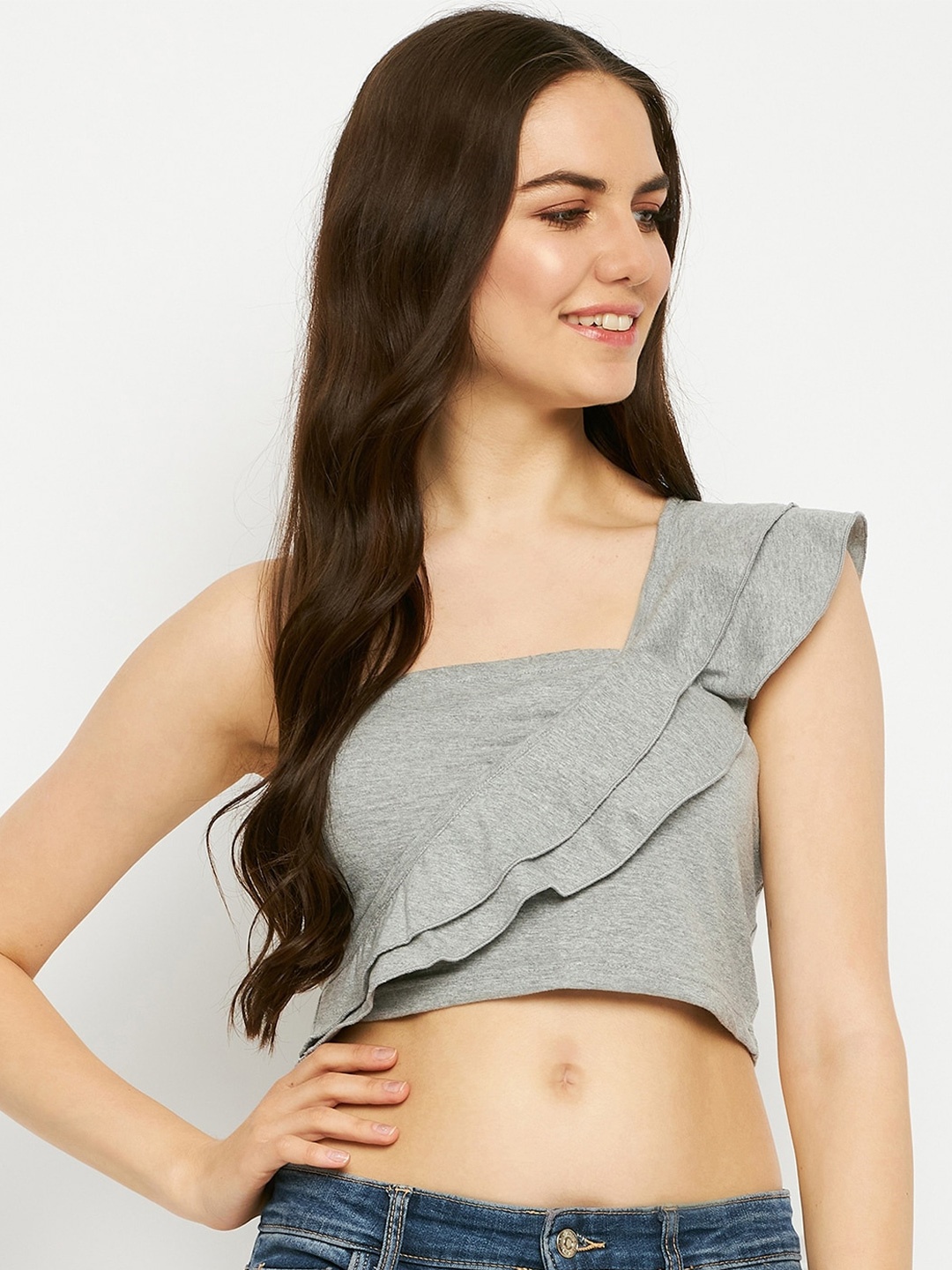 

BRINNS One Shoulder Cap Sleeves Ruffles Pure Cotton Crop Top, Grey