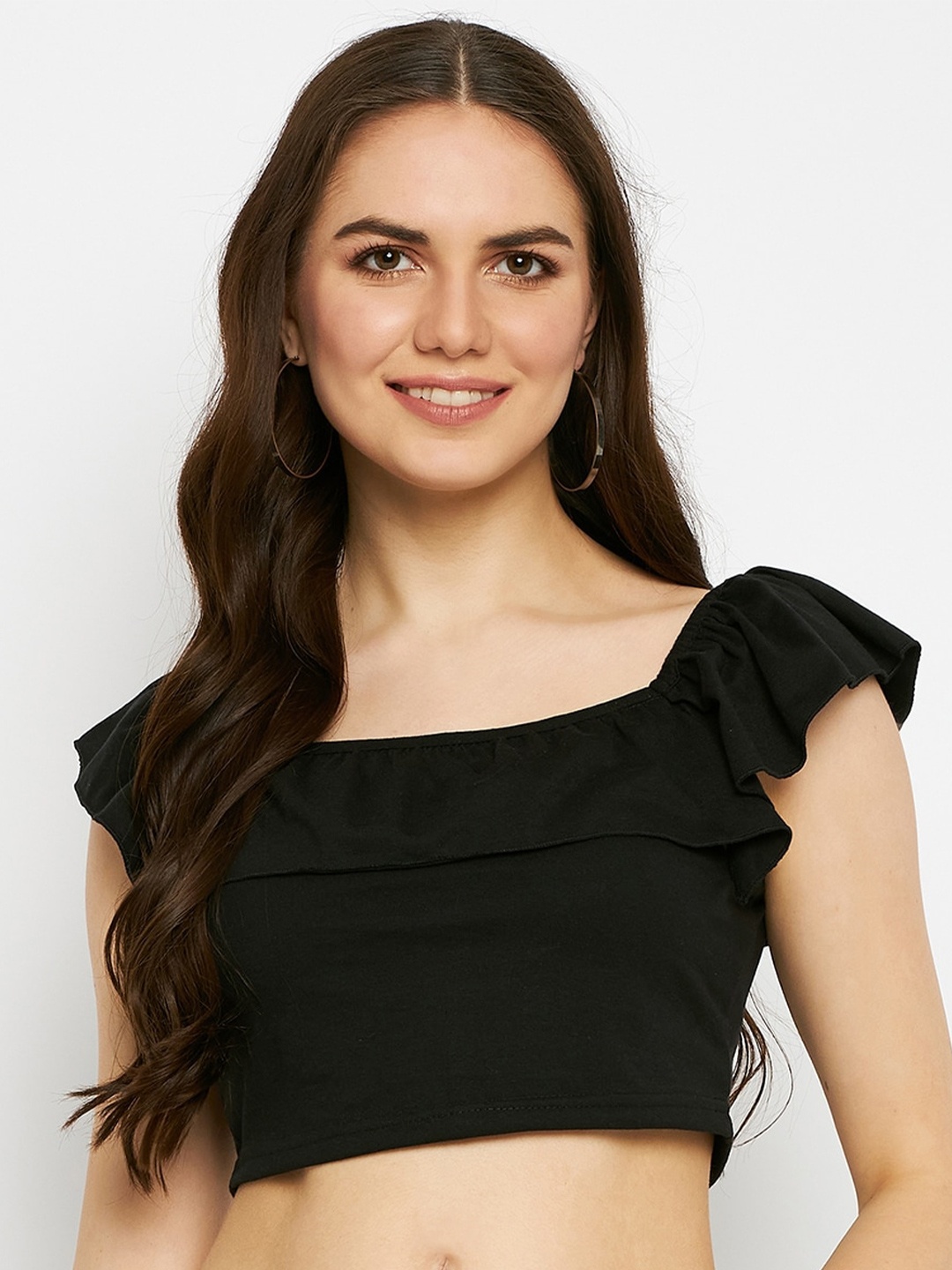 

BRINNS Square Neck Cap Sleeve Ruffles Pure Cotton Crop Top, Black