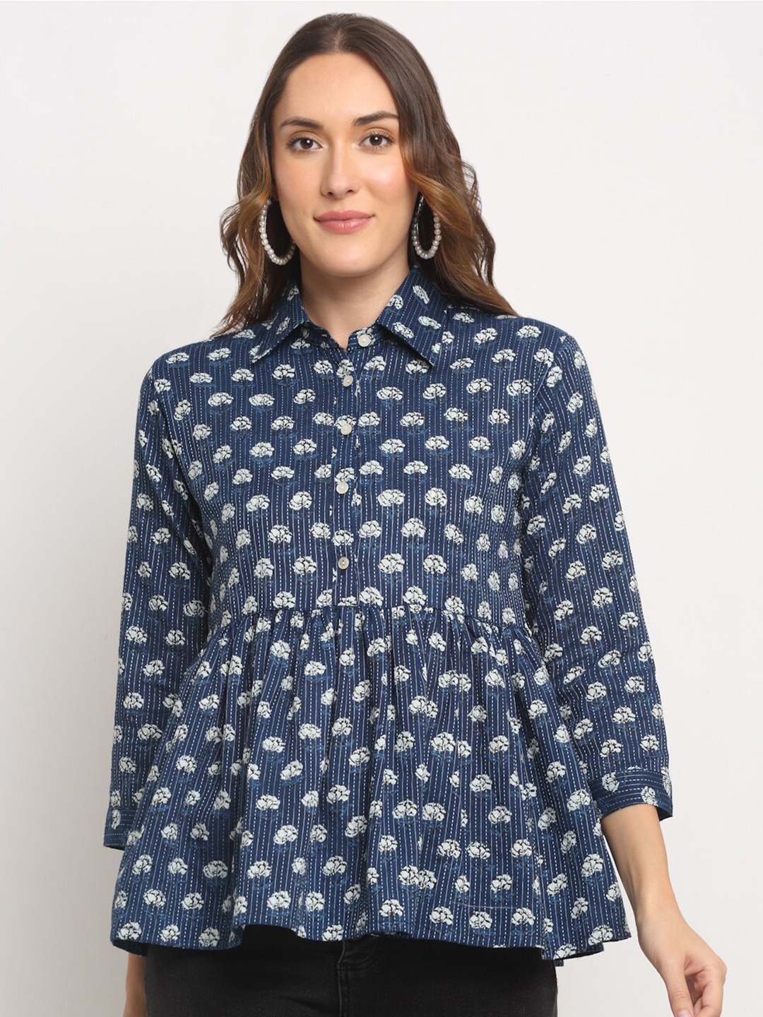 

KALINI Floral Printed Shirt Collar Gathered Cotton Shirt Style Top, Navy blue