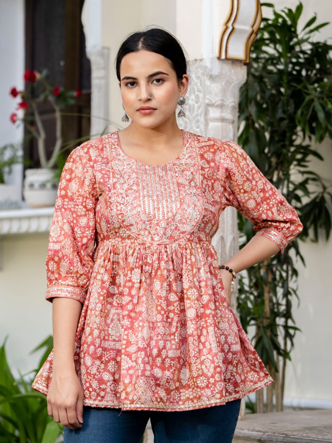 

KALINI Floral Printed Cuffed Sleeves Gathered Cotton Peplum Top, Peach