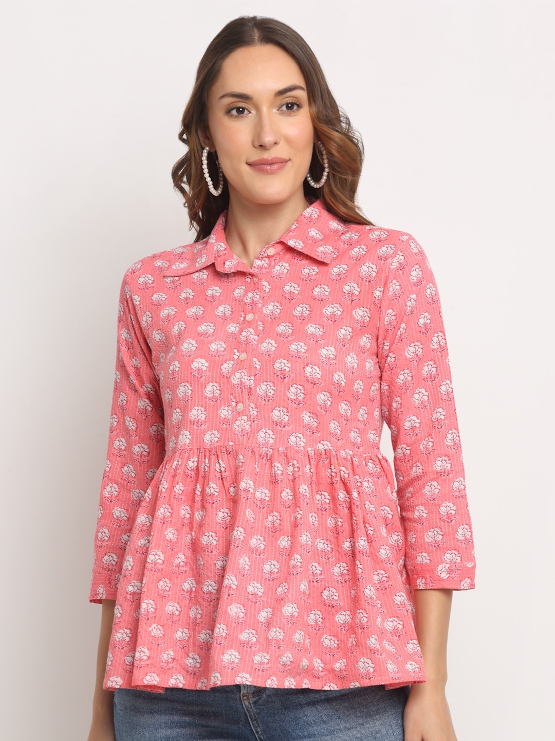 

KALINI Floral Printed Shirt Collar Gathered Cotton Shirt Style Top, Peach