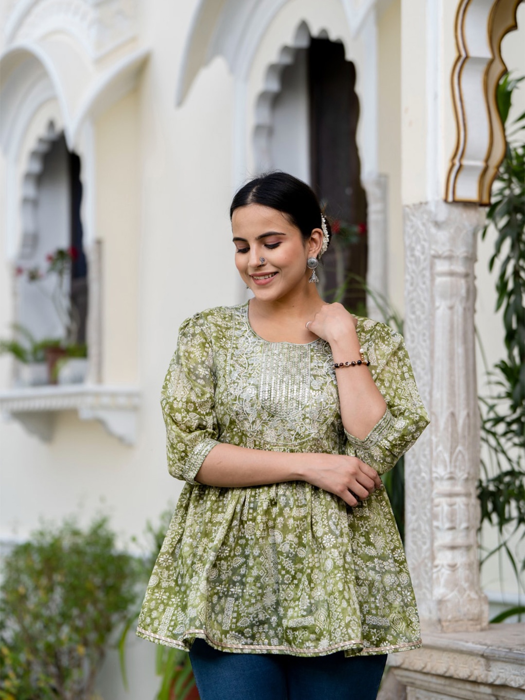 

KALINI Floral Printed Cuffed Sleeves Gathered Cotton Peplum Top, Green