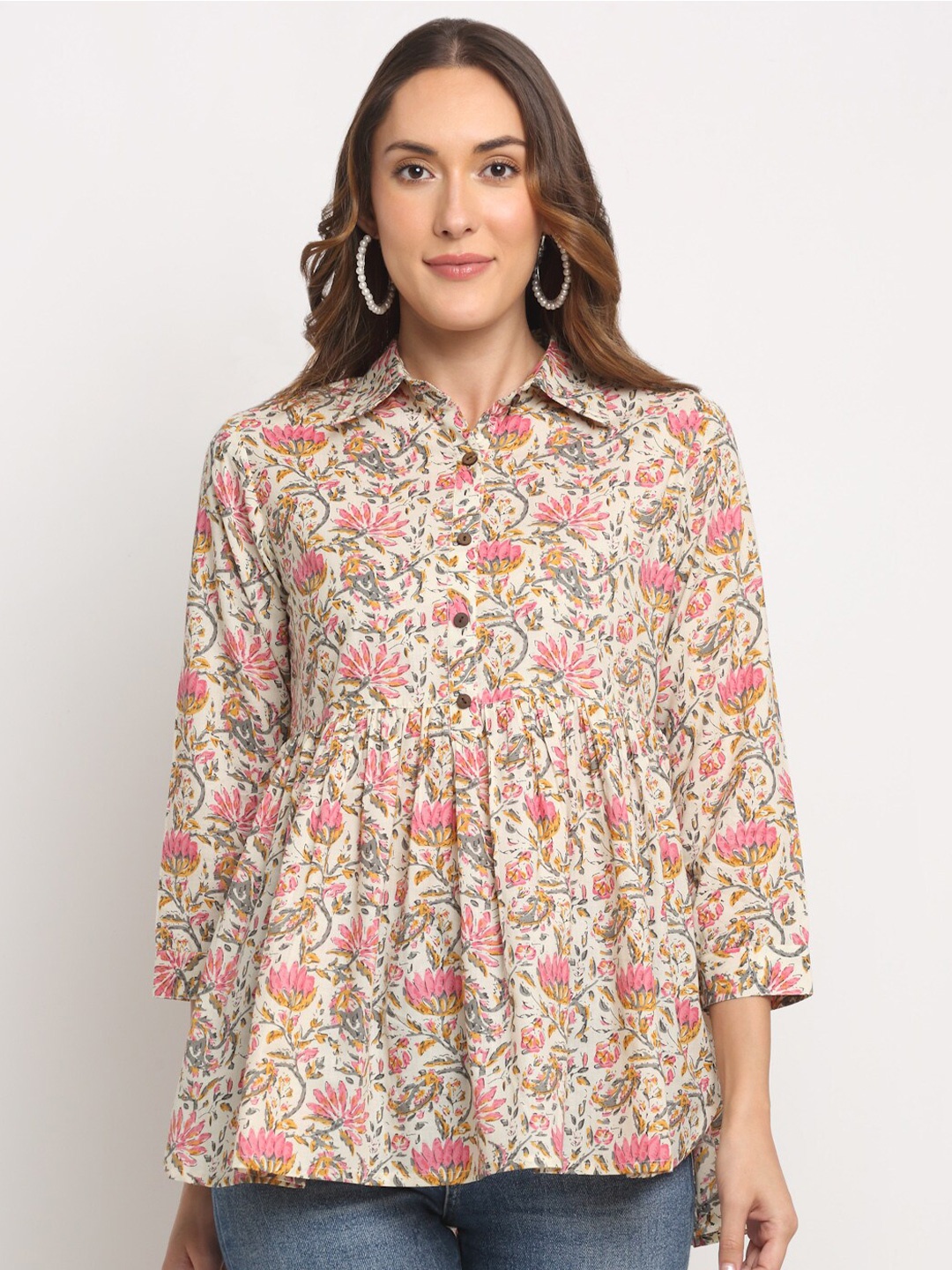 

KALINI Floral Printed Shirt Collar Gathered Cotton Shirt Style Top, Pink