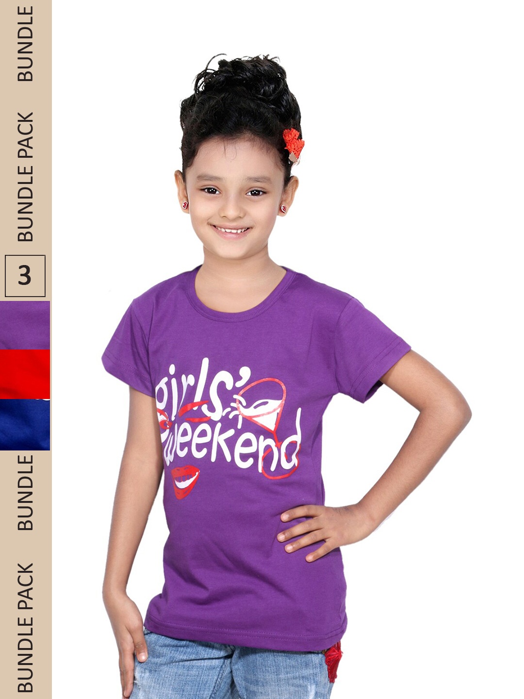 

IndiWeaves Girls Pack Of 3 Typography Printed Pure Cotton T-shirts, Purple