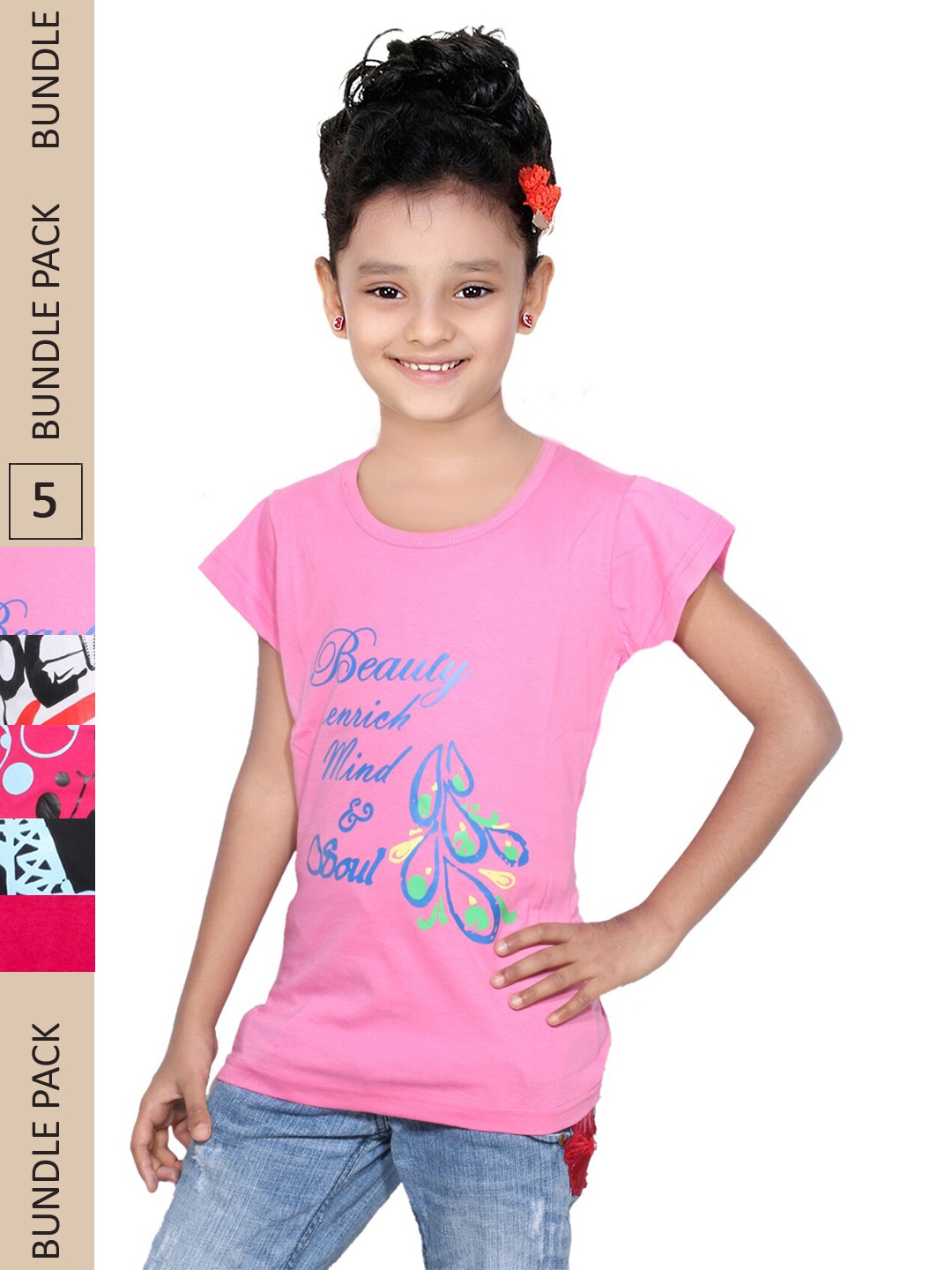 

IndiWeaves Girls Pack Of 4 Printed Cotton T-shirt, Pink