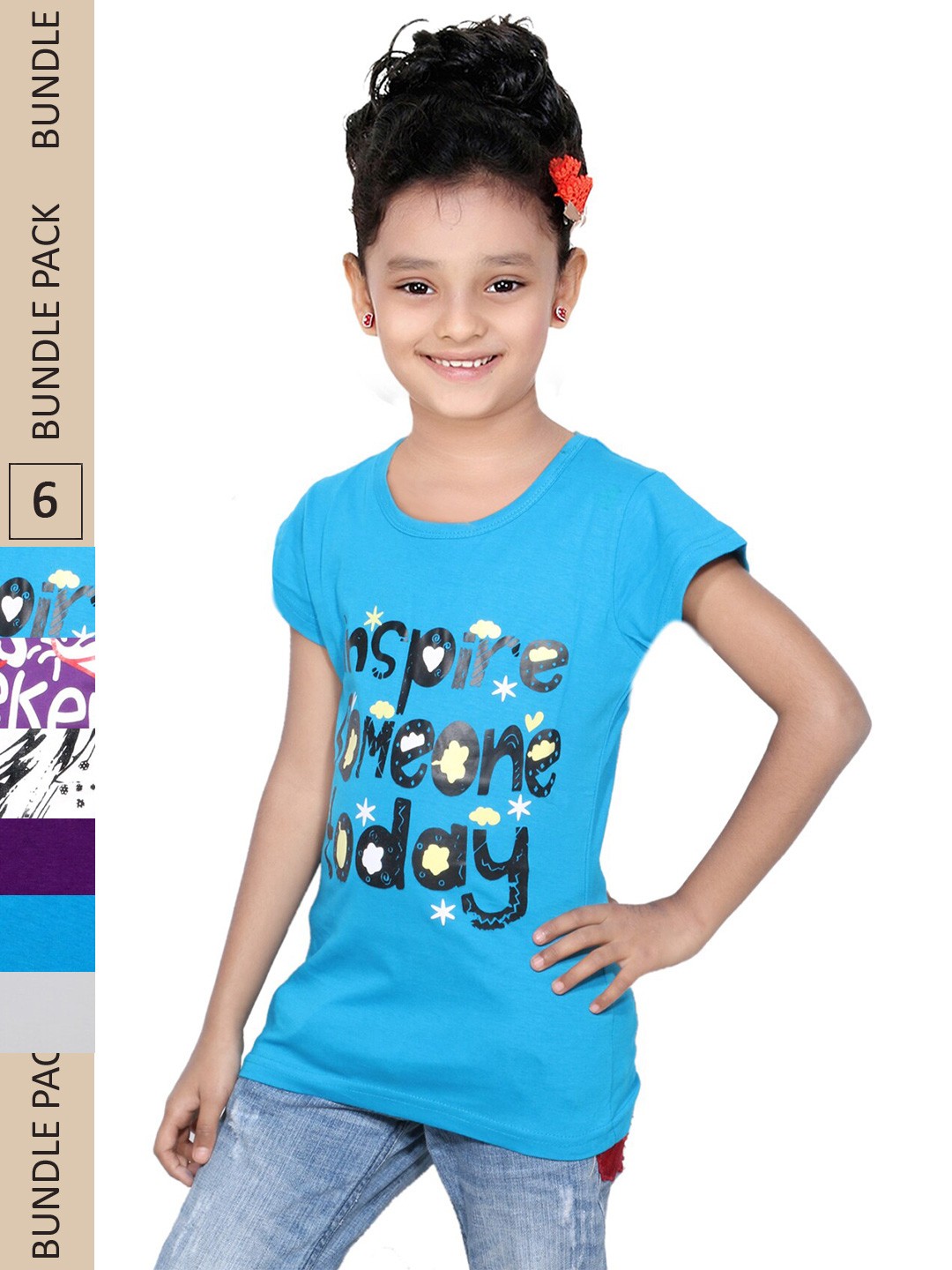 

IndiWeaves Girls Pack of 3 Printed Cotton T-shirt, Blue