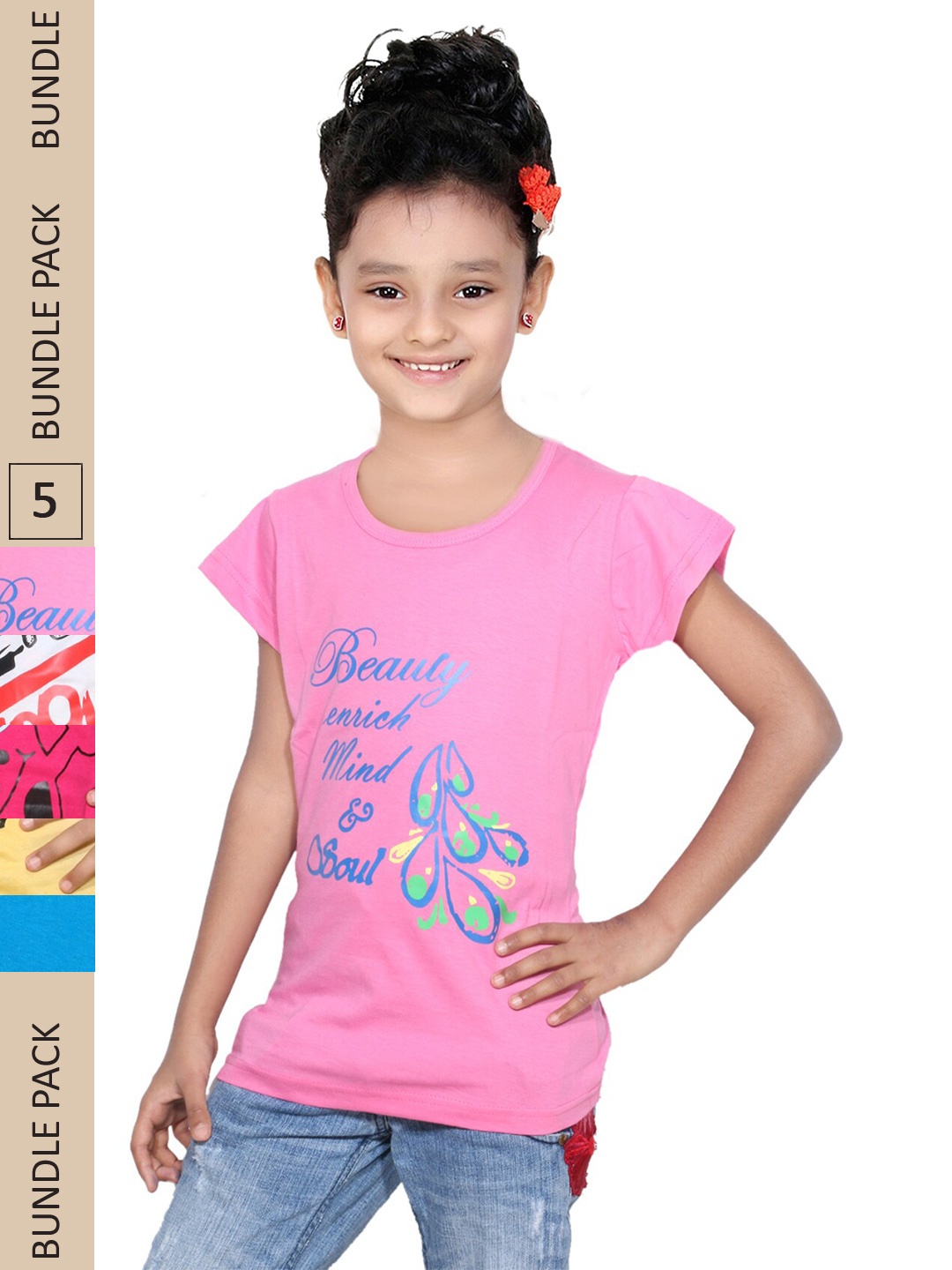 

IndiWeaves Girls Pack of 5 Typography Printed CottonT-shirt, Pink