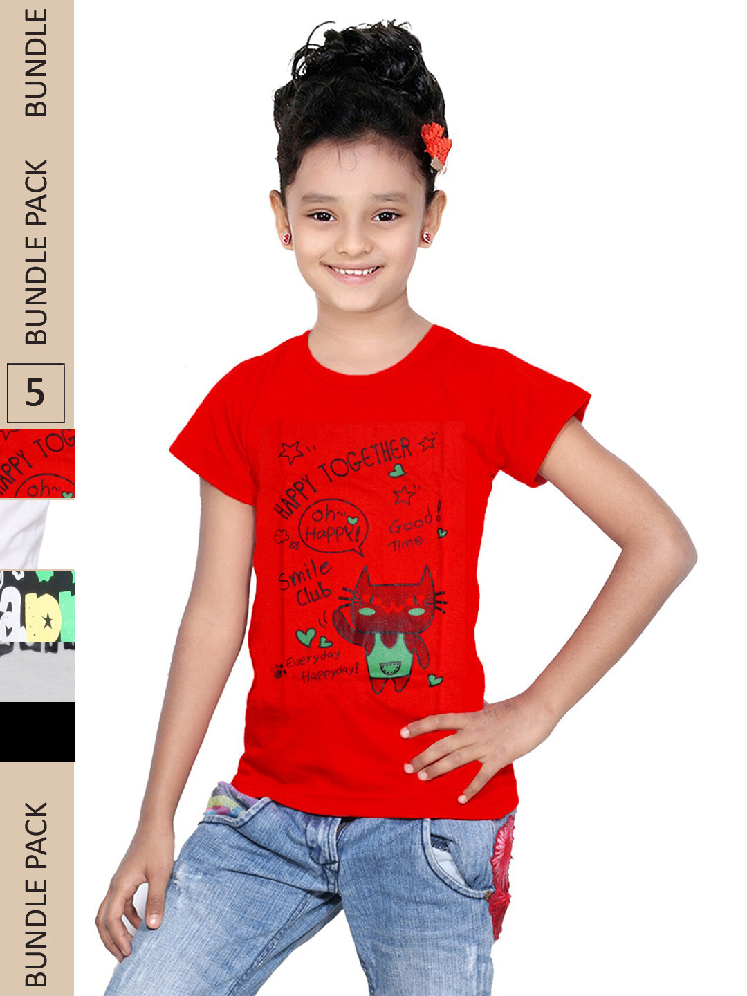 

IndiWeaves Girls Pack of 3 Printed Cototn T-shirt, Red