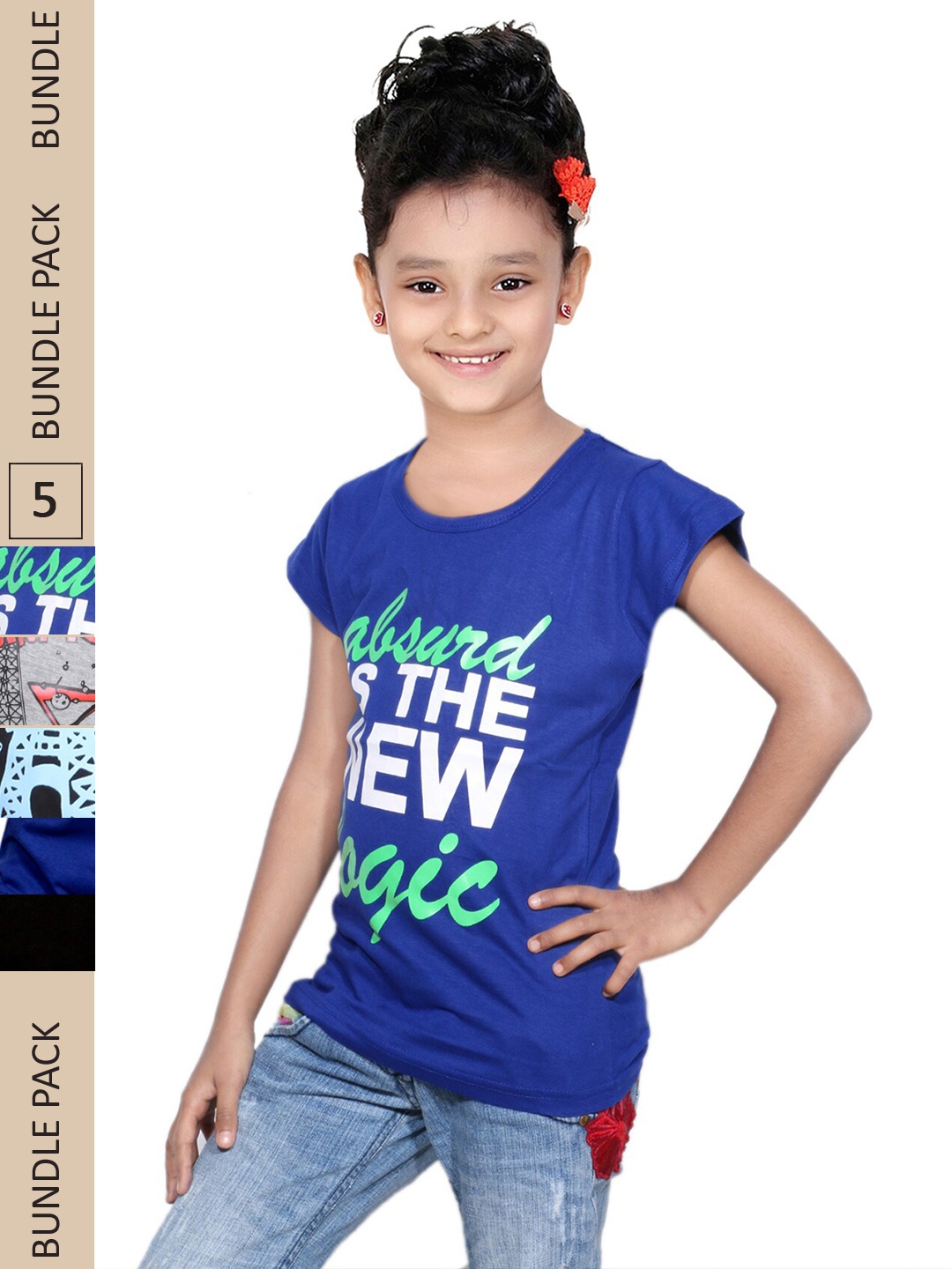 

IndiWeaves Girls Pack of 4 Printed Cotton T-shirt, Blue