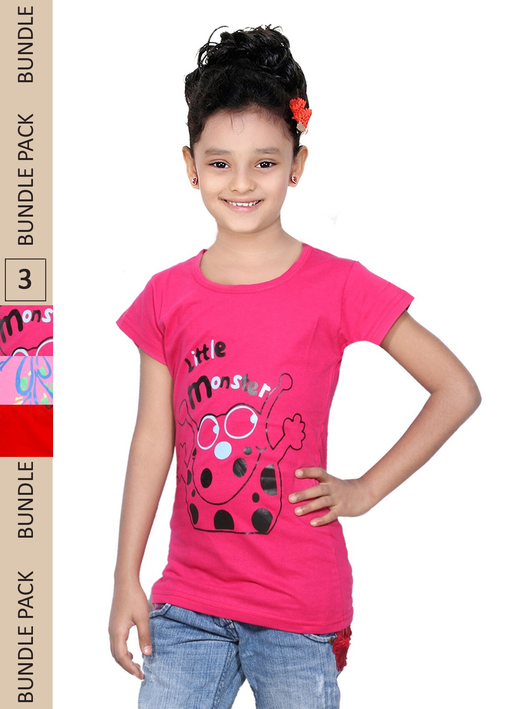 

IndiWeaves Girls Pack of 3 Printed Pure Cotton T-shirts, Pink