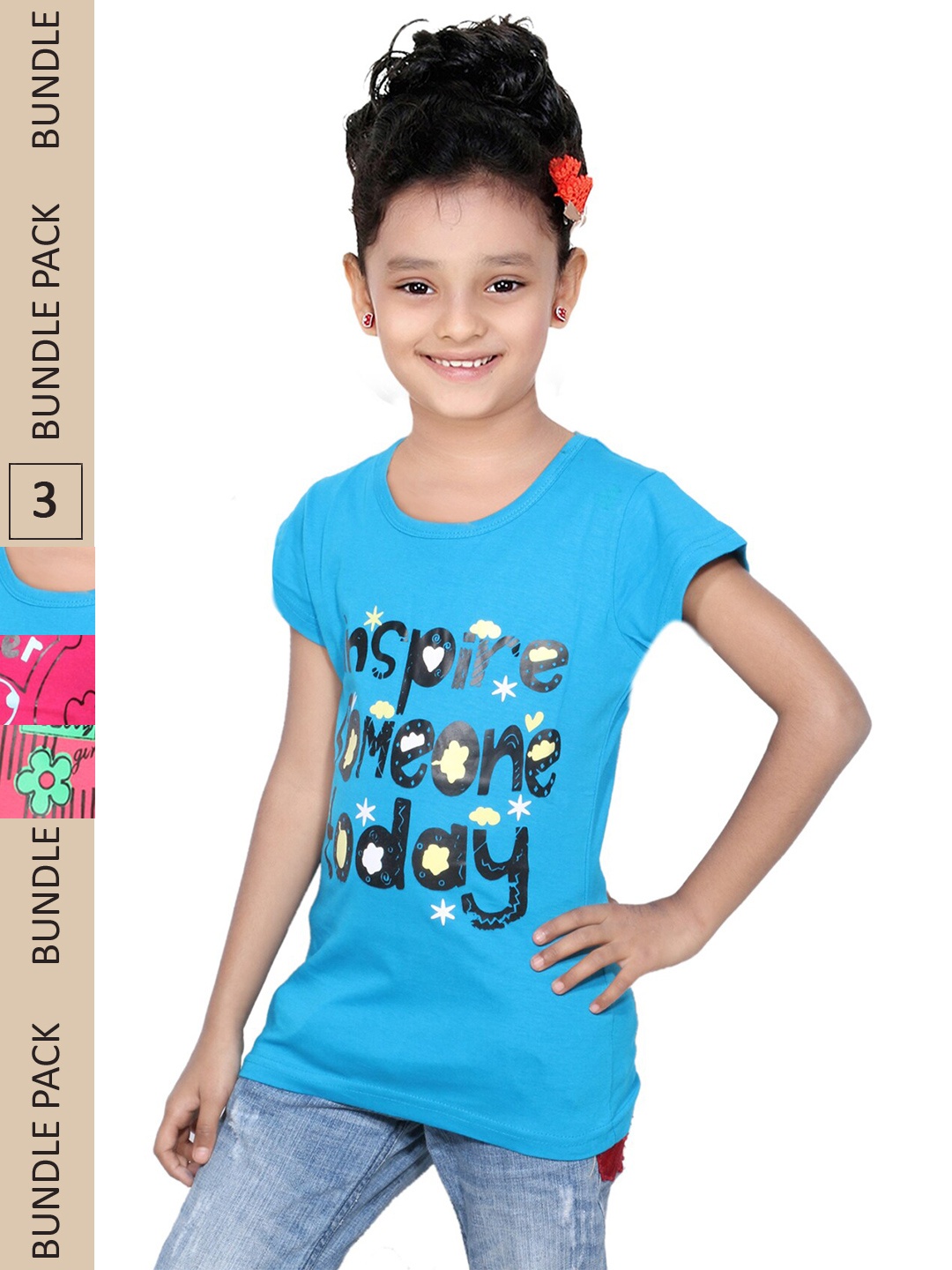

IndiWeaves Girls Pack of 3 Printed Pure Cotton T-shirts, Blue