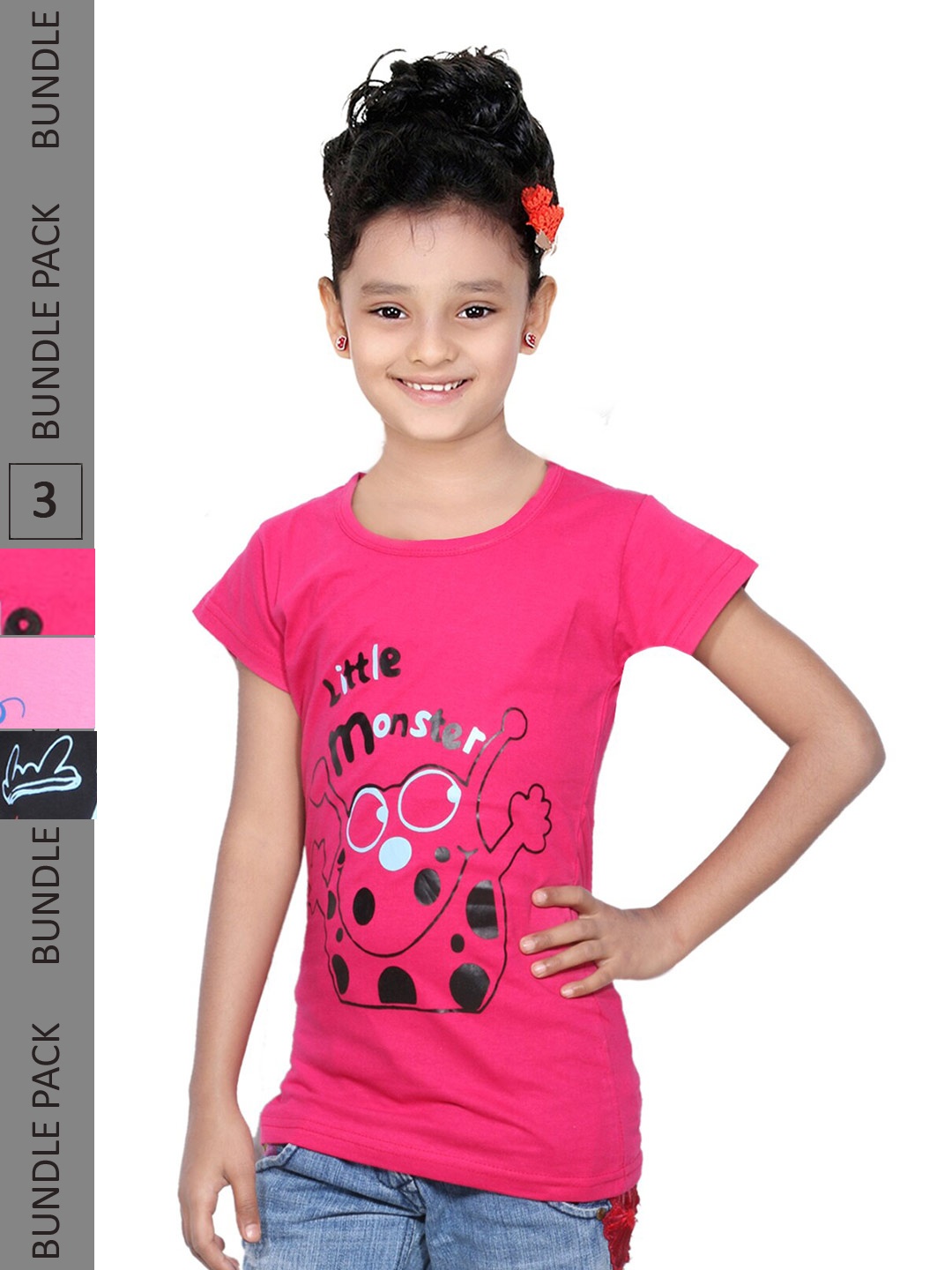 

IndiWeaves Girls Multicoloured Typography 3 Printed Mandarin Collar Applique T-shirt, Multi