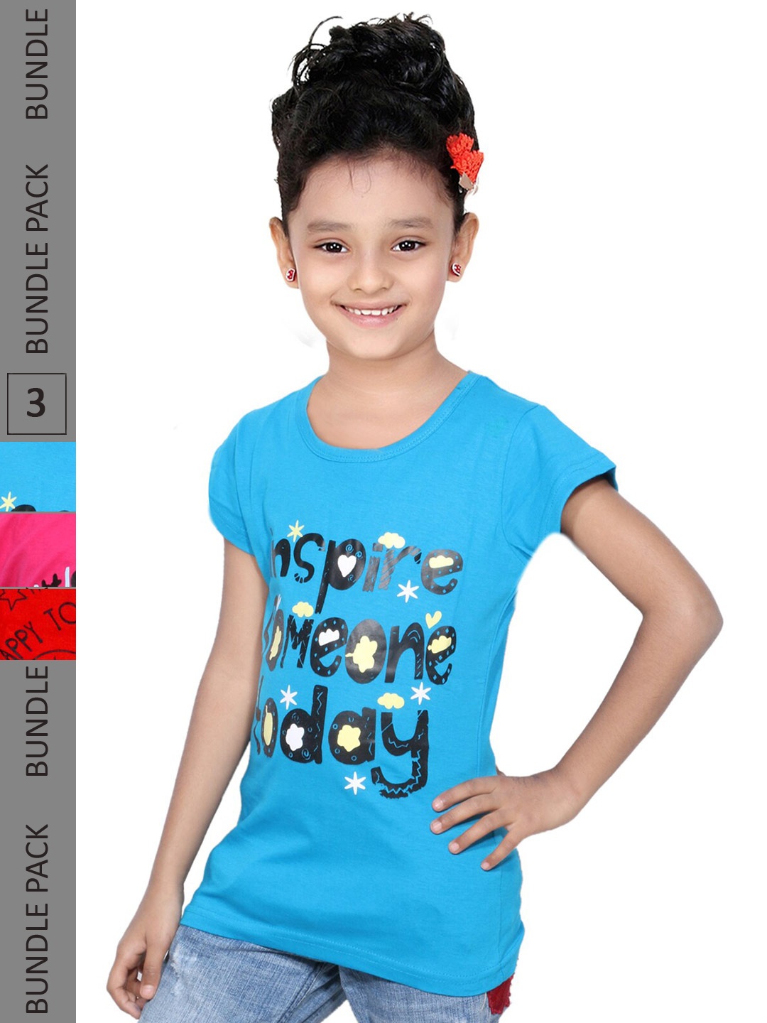 

IndiWeaves Girls Pack Of 3 Typography Printed Pure Cotton T-shirt, Blue