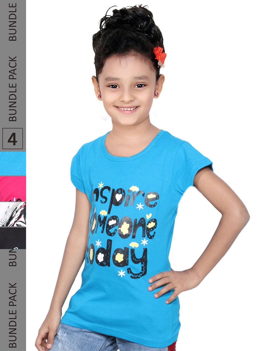 

IndiWeaves Girls Pack Of 4 Printed Pure Cotton T-shirt, Blue