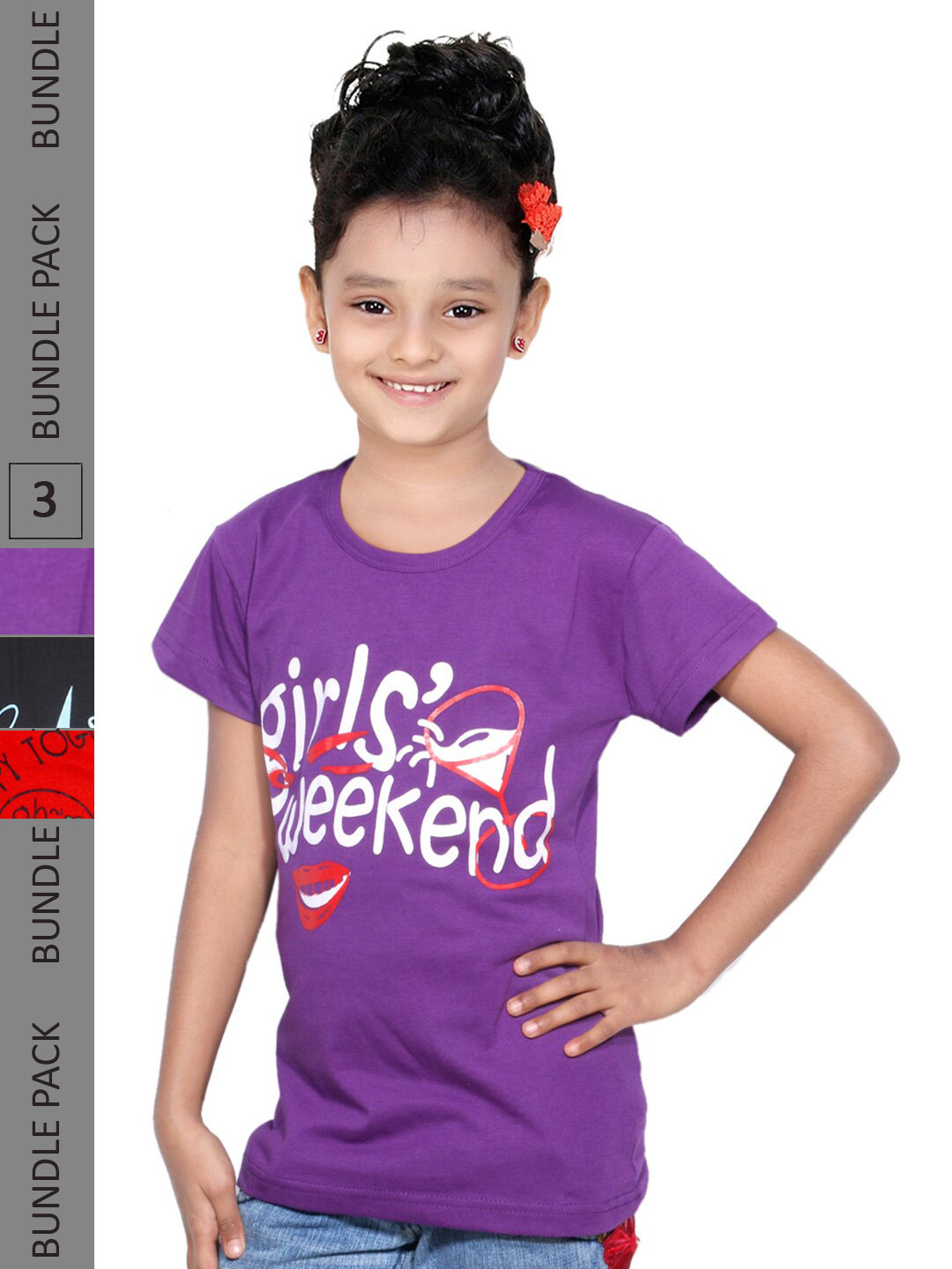 

IndiWeaves Girls Pack Of 3 Typography Printed Pure Cotton T-shirts, Red