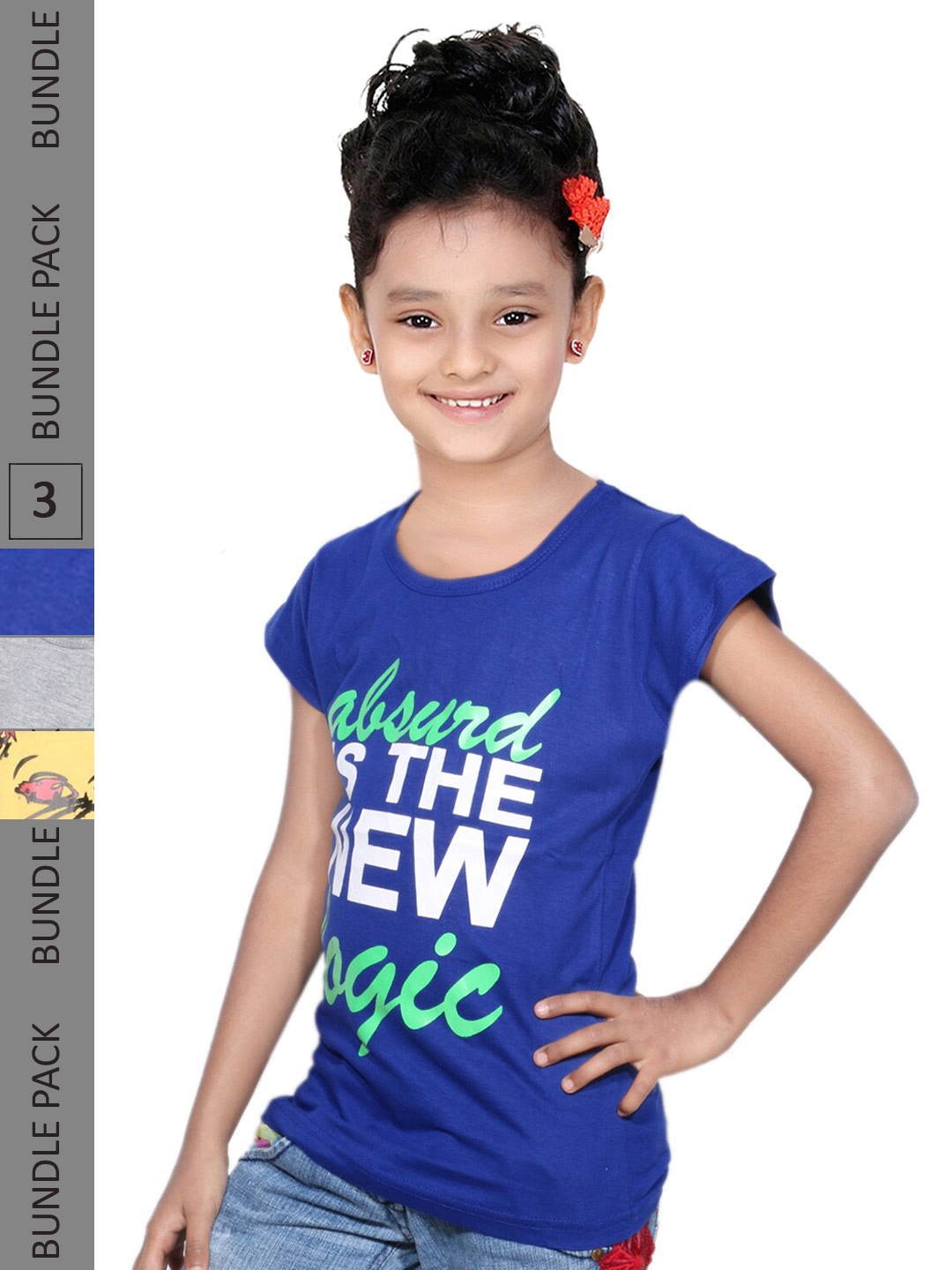 

IndiWeaves Girls Pack of 3 Printed Pure Cotton T-shirts, Blue