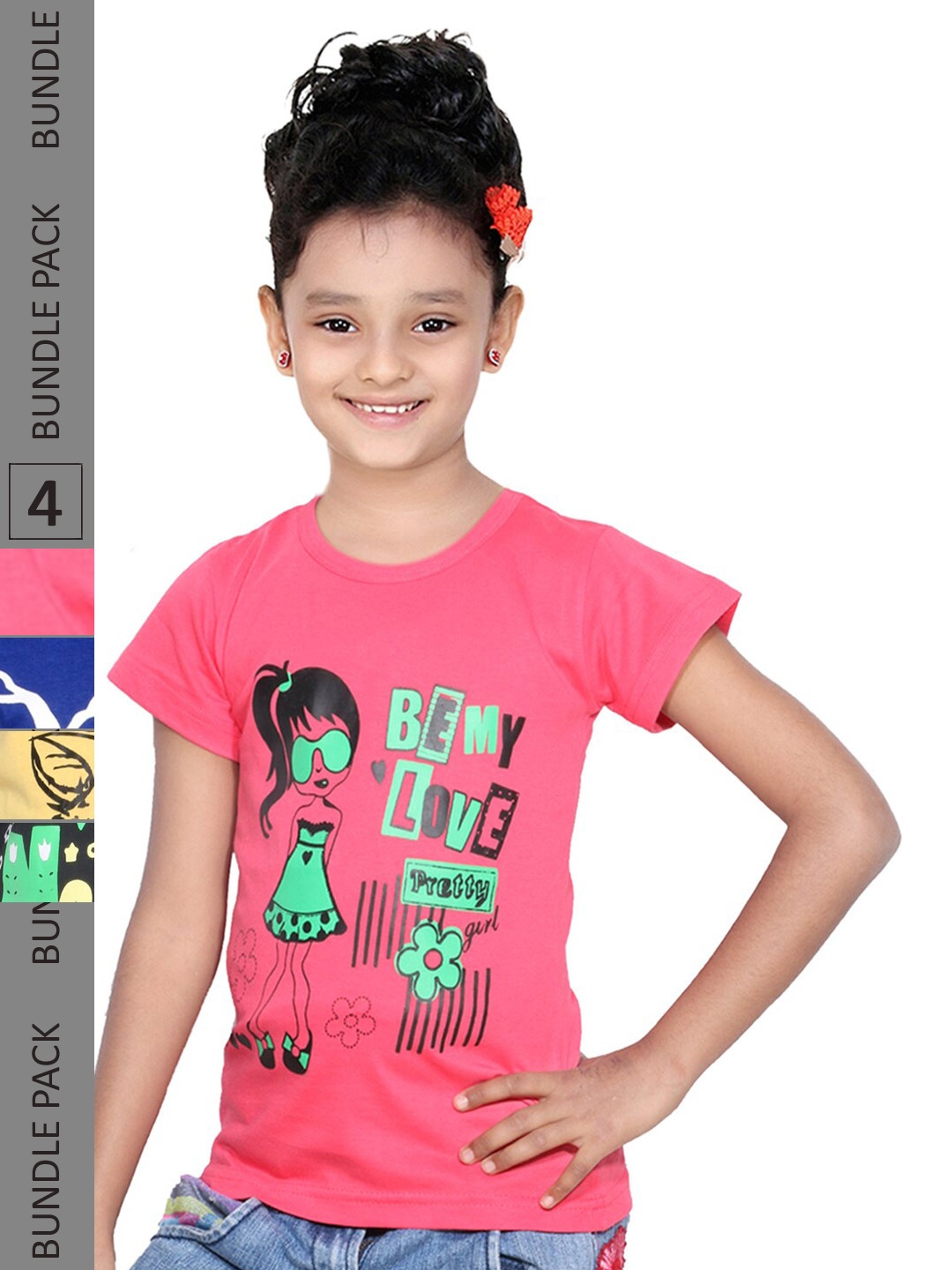 

IndiWeaves Girls Multicoloured 4 Printed Applique T-shirt, Multi