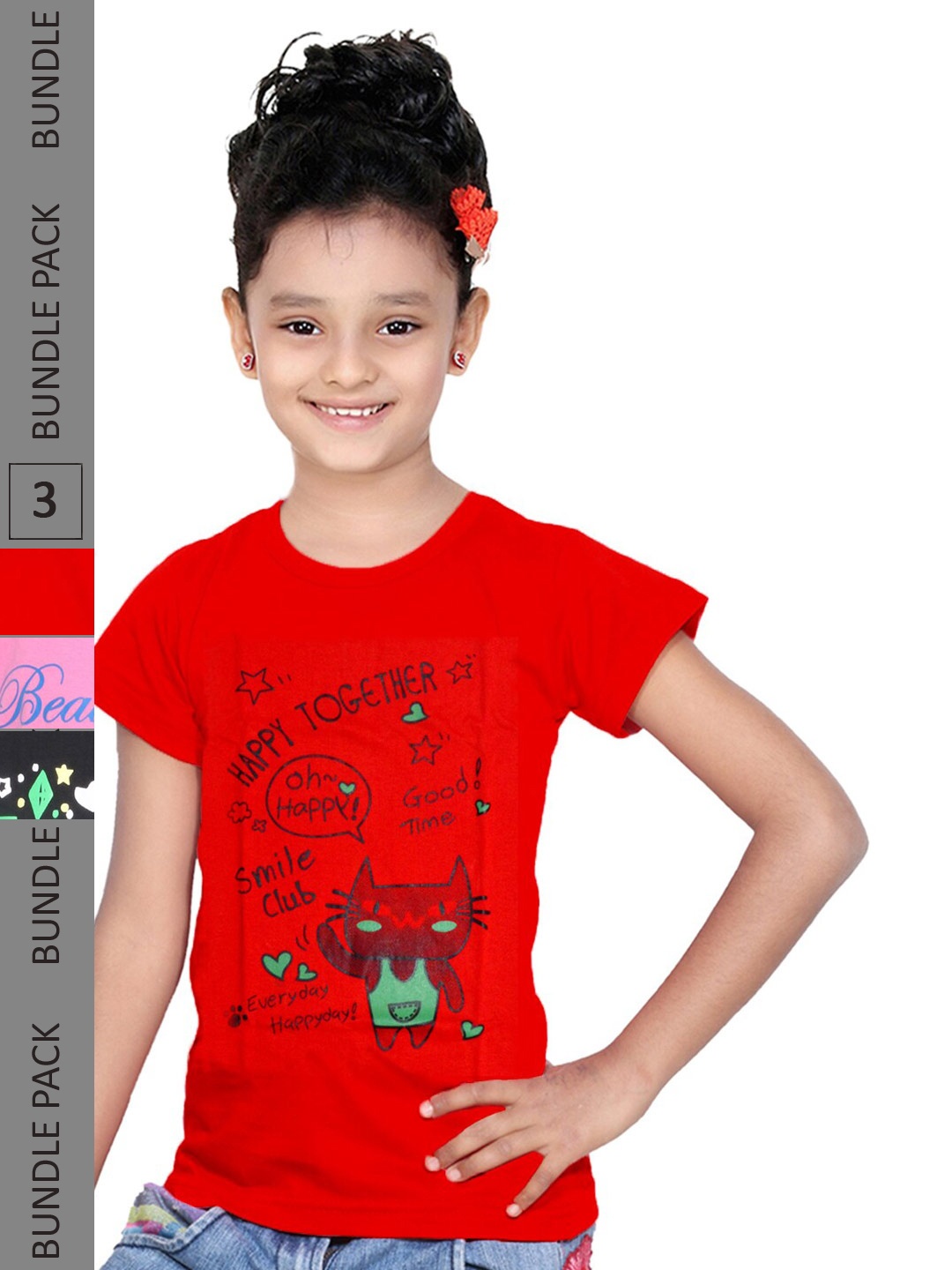 

IndiWeaves Girls Pack Of 3 Typography Printed Casual Pure Cotton T-shirts, Red
