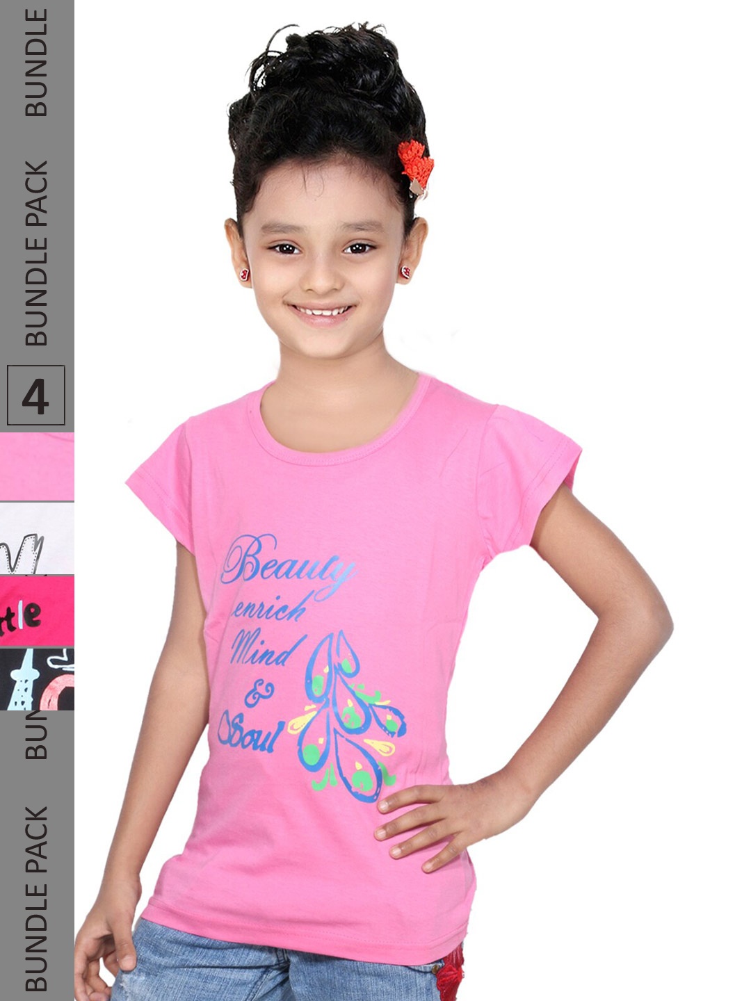 

IndiWeaves Girls Pack Of 5 Typography Printed Casual Pure Cotton T-shirts, Pink
