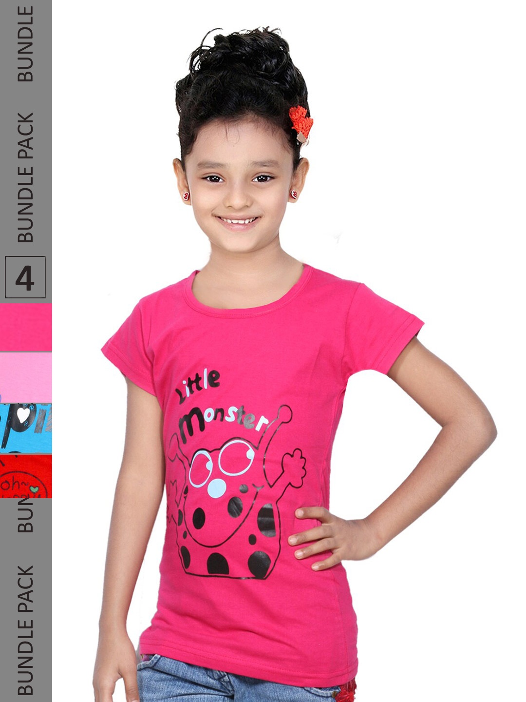 

IndiWeaves Girls Pack Of 4 Typography Printed Pure Cotton T-shirts, Pink