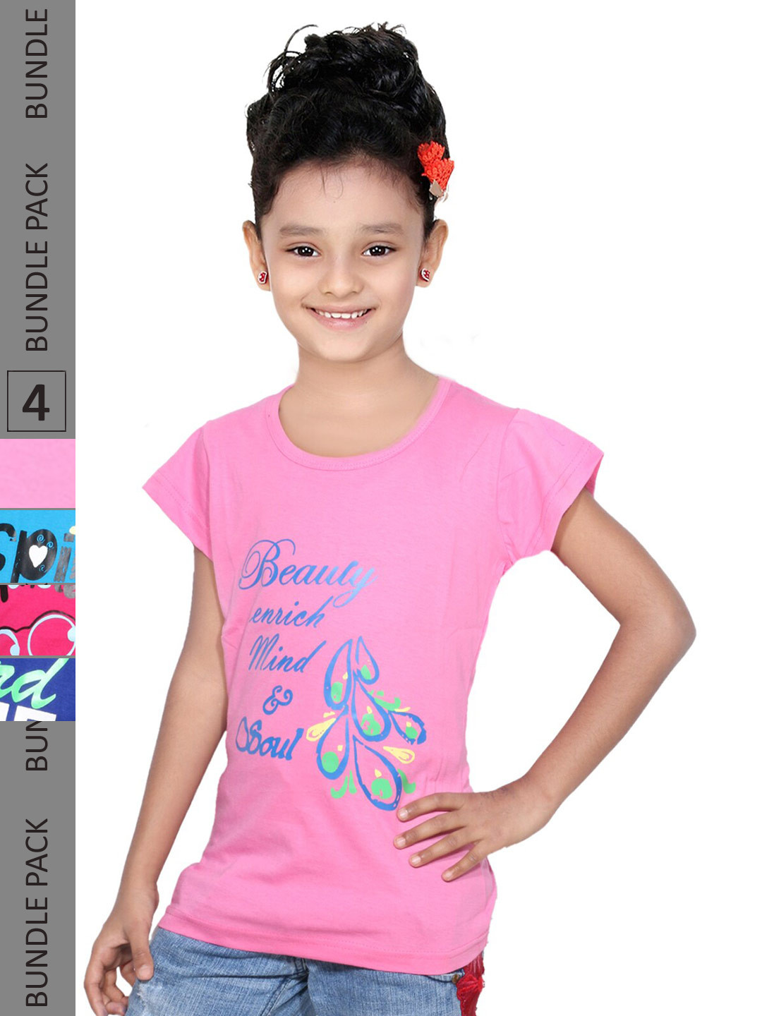 

IndiWeaves Girls Pack of 5 Printed Pure Cotton T-shirts, Pink