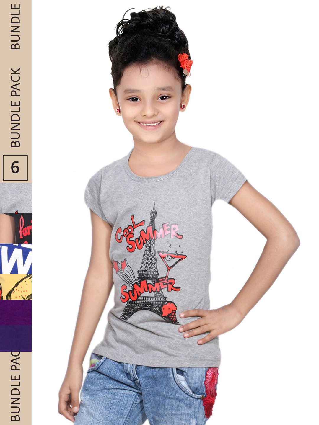 

IndiWeaves Girls Multicoloured Typography 5 Printed Mandarin Collar Applique T-shirt, Multi