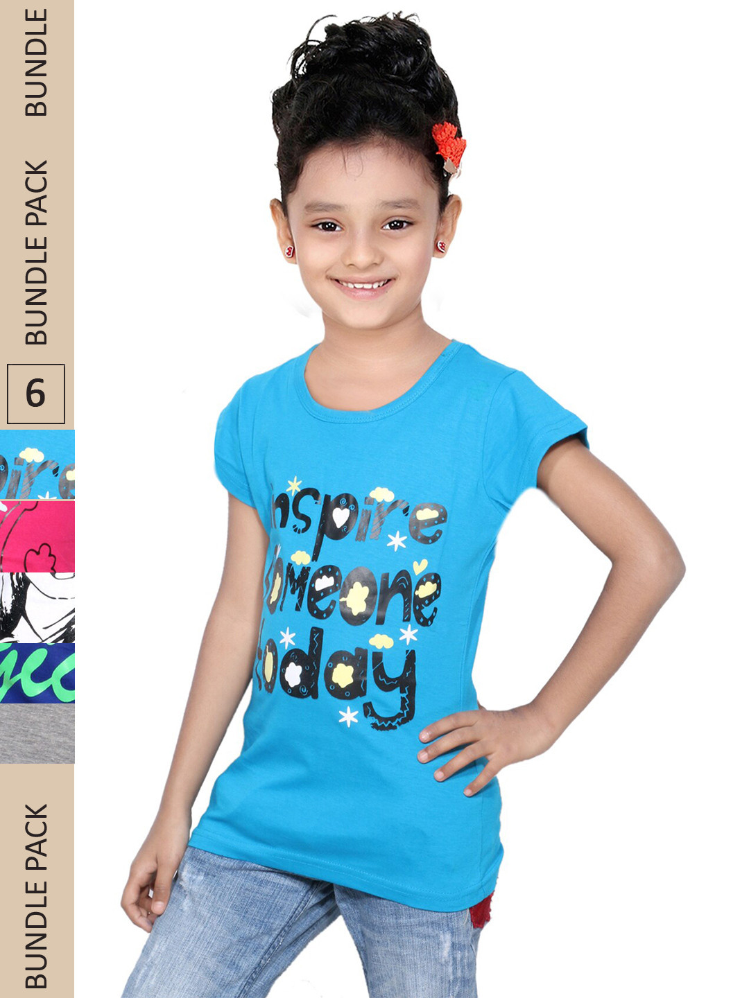 

IndiWeaves Girls Pack of 5 Printed Pure Cotton T-shirts, Blue
