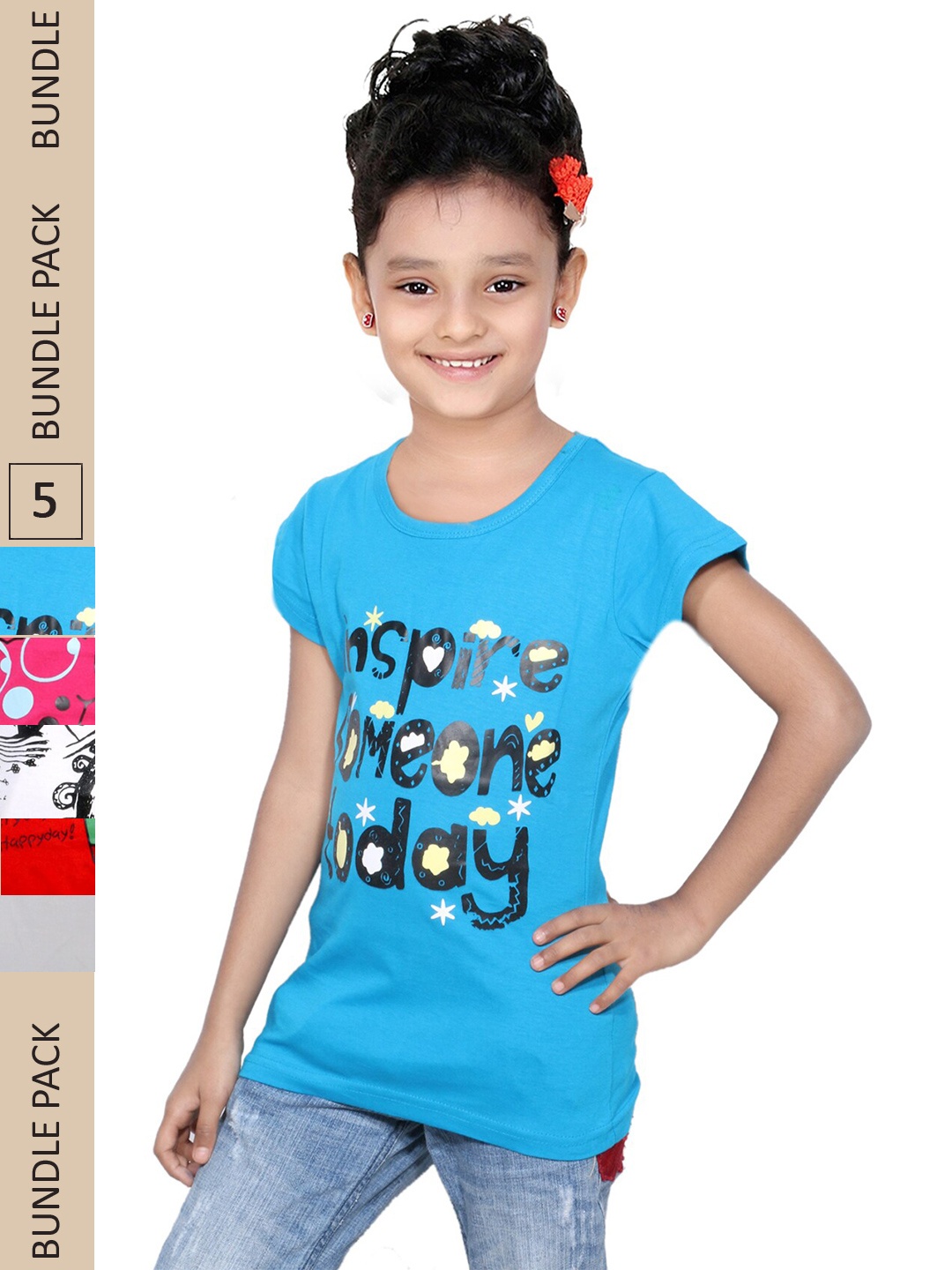 

IndiWeaves Girls Pack of 4 Printed Pure Cotton T-shirts, Blue