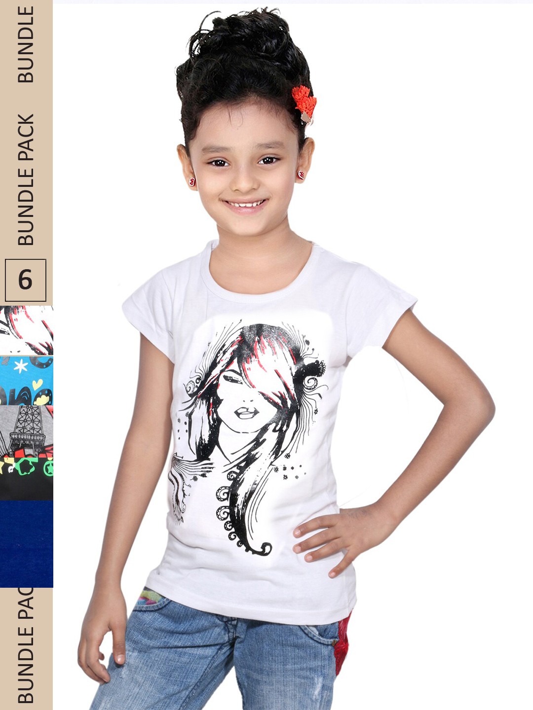

IndiWeaves Girls Pack of 5 Printed Pure Cotton T-shirts, White