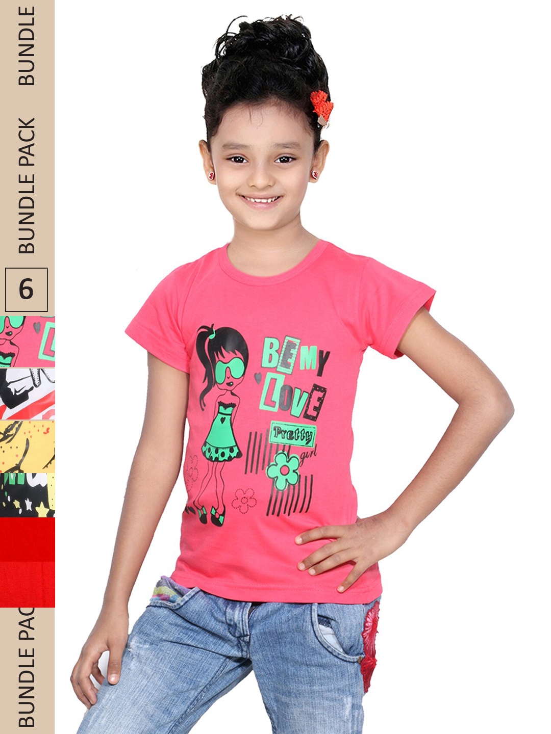 

IndiWeaves Girls Multicoloured Typography 5 Printed Extended Sleeves Applique T-shirt, Multi